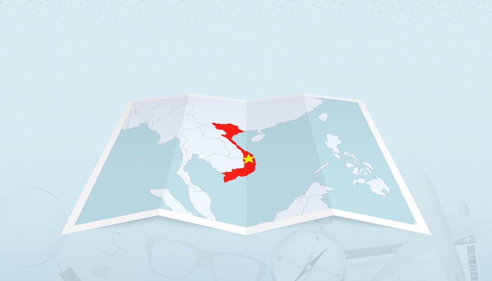 Map of Vietnam with the flag of Vietnam in the contour of the map on a trip abstract backdrop. vector