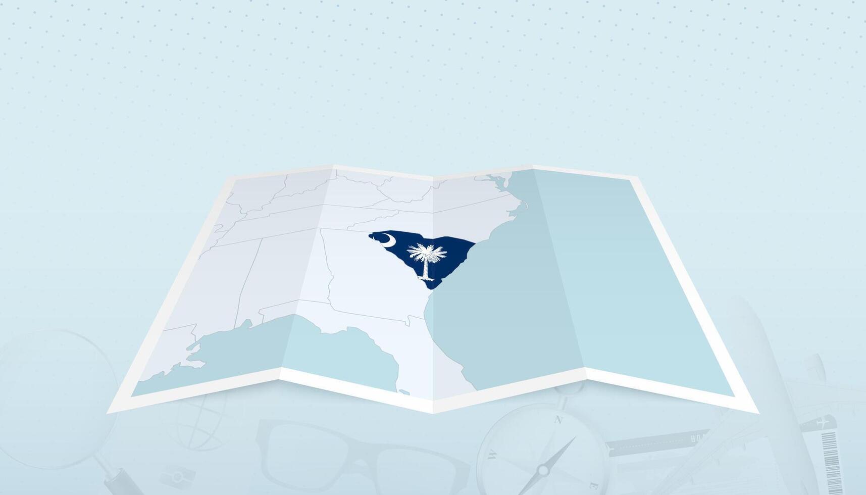Map of South Carolina with the flag of South Carolina in the contour of the map on a trip abstract backdrop. vector