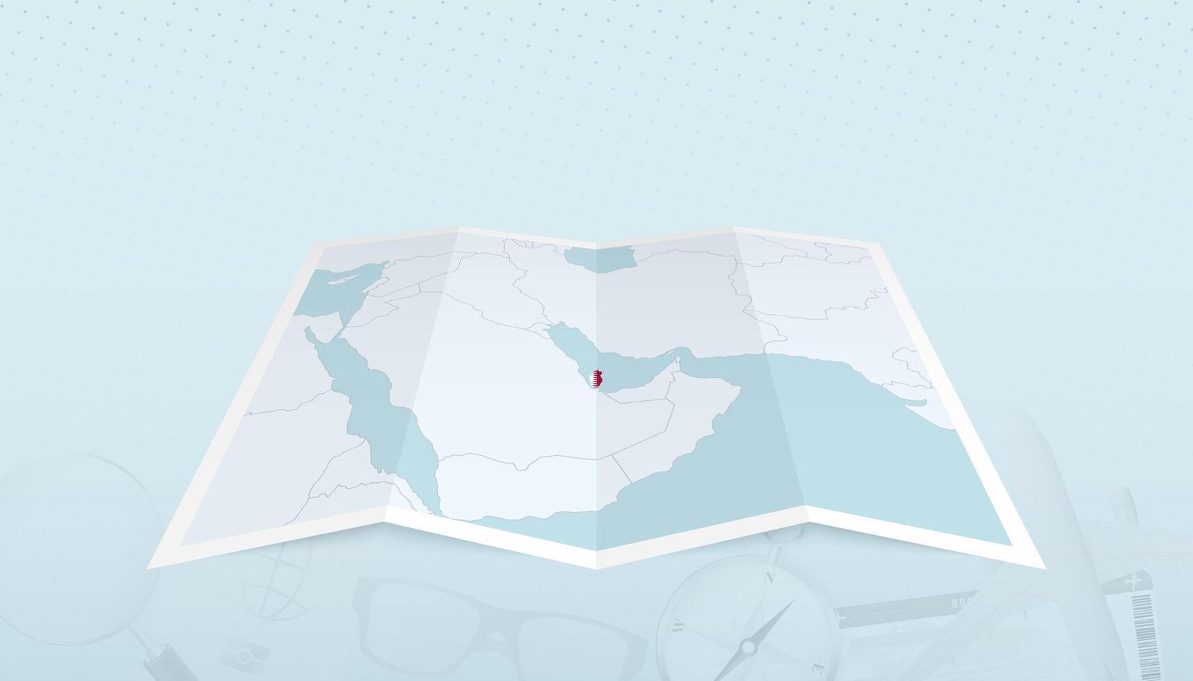 Map of Qatar with the flag of Qatar in the contour of the map on a trip abstract backdrop. vector