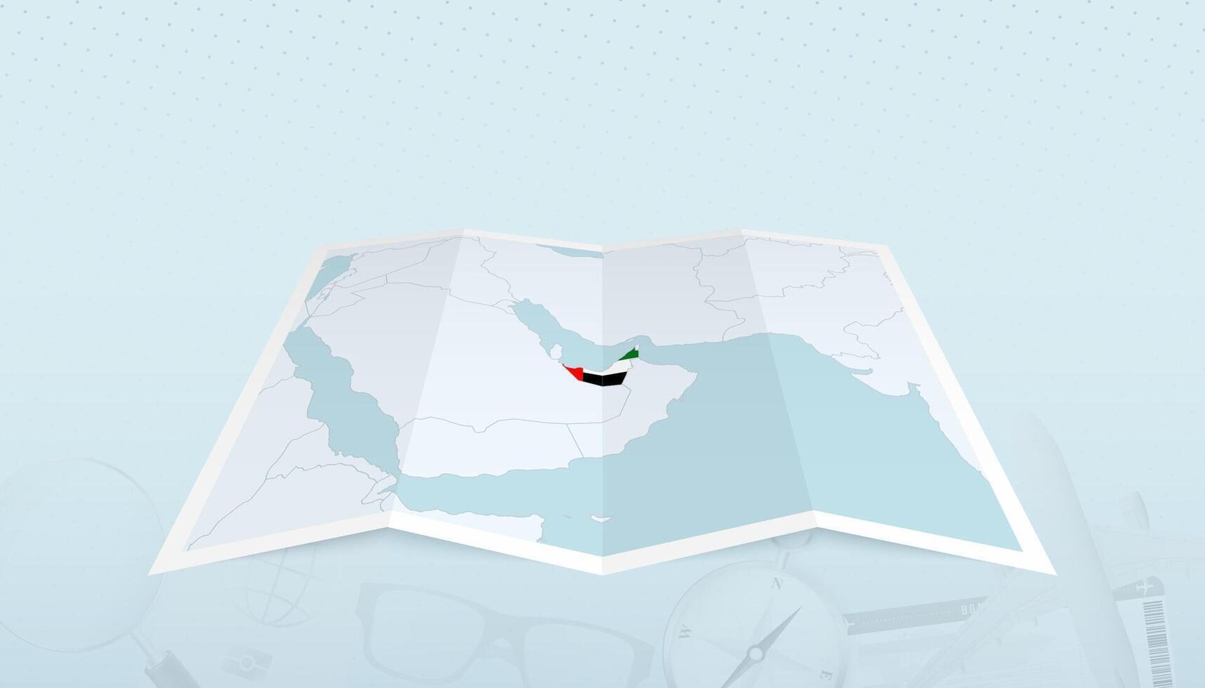 Map of United Arab Emirates with the flag of United Arab Emirates in the contour of the map on a trip abstract backdrop. vector