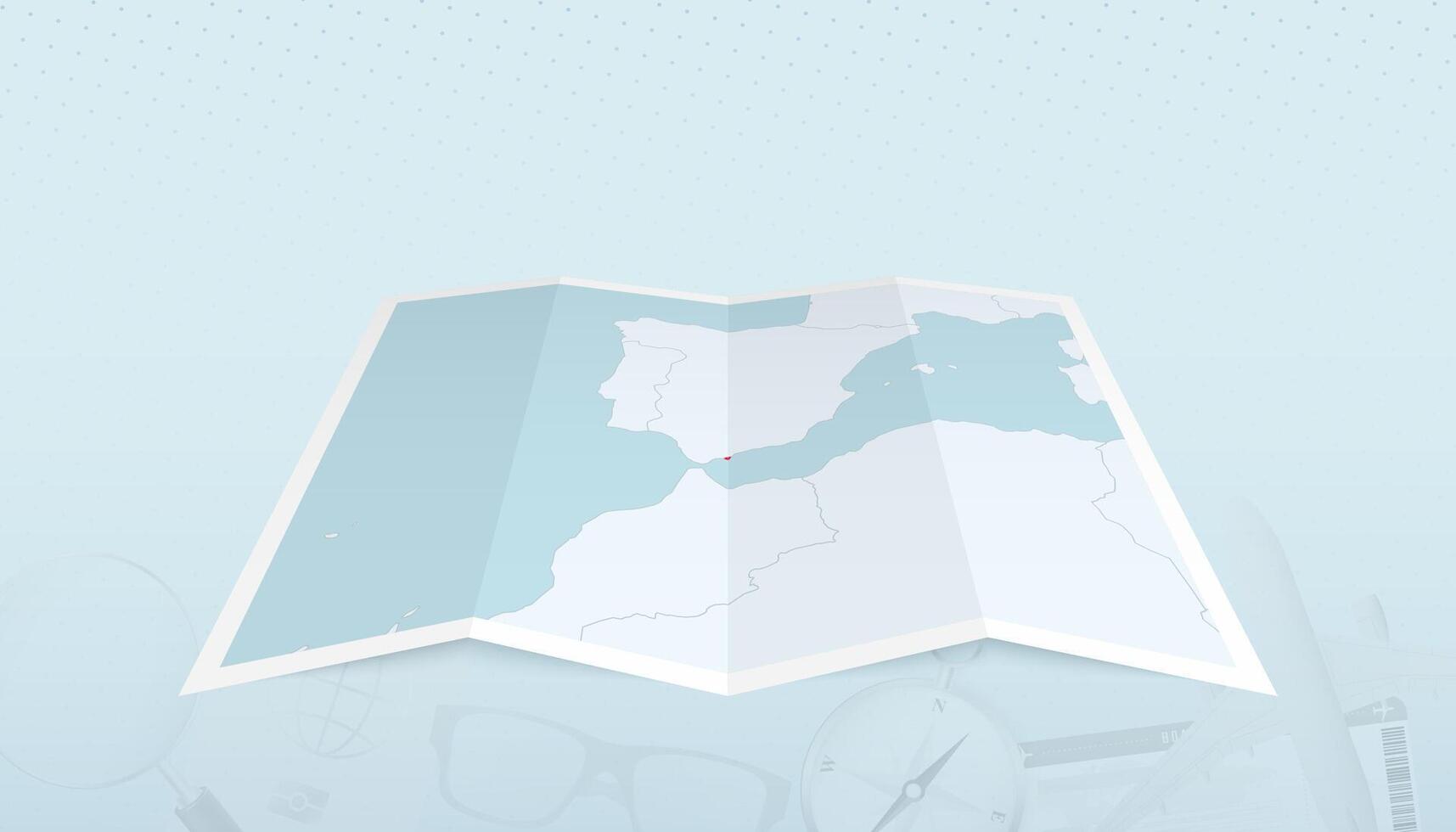 Map of Gibraltar with the flag of Gibraltar in the contour of the map on a trip abstract backdrop. vector