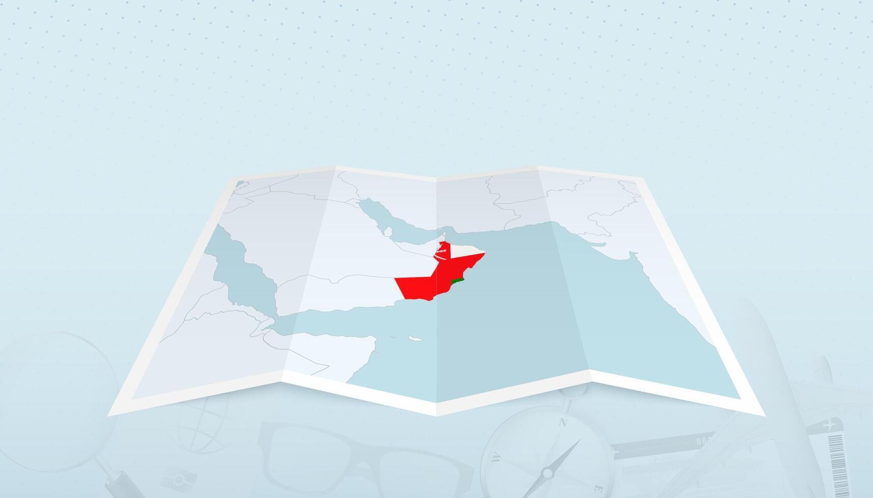 Map of Oman with the flag of Oman in the contour of the map on a trip abstract backdrop. vector