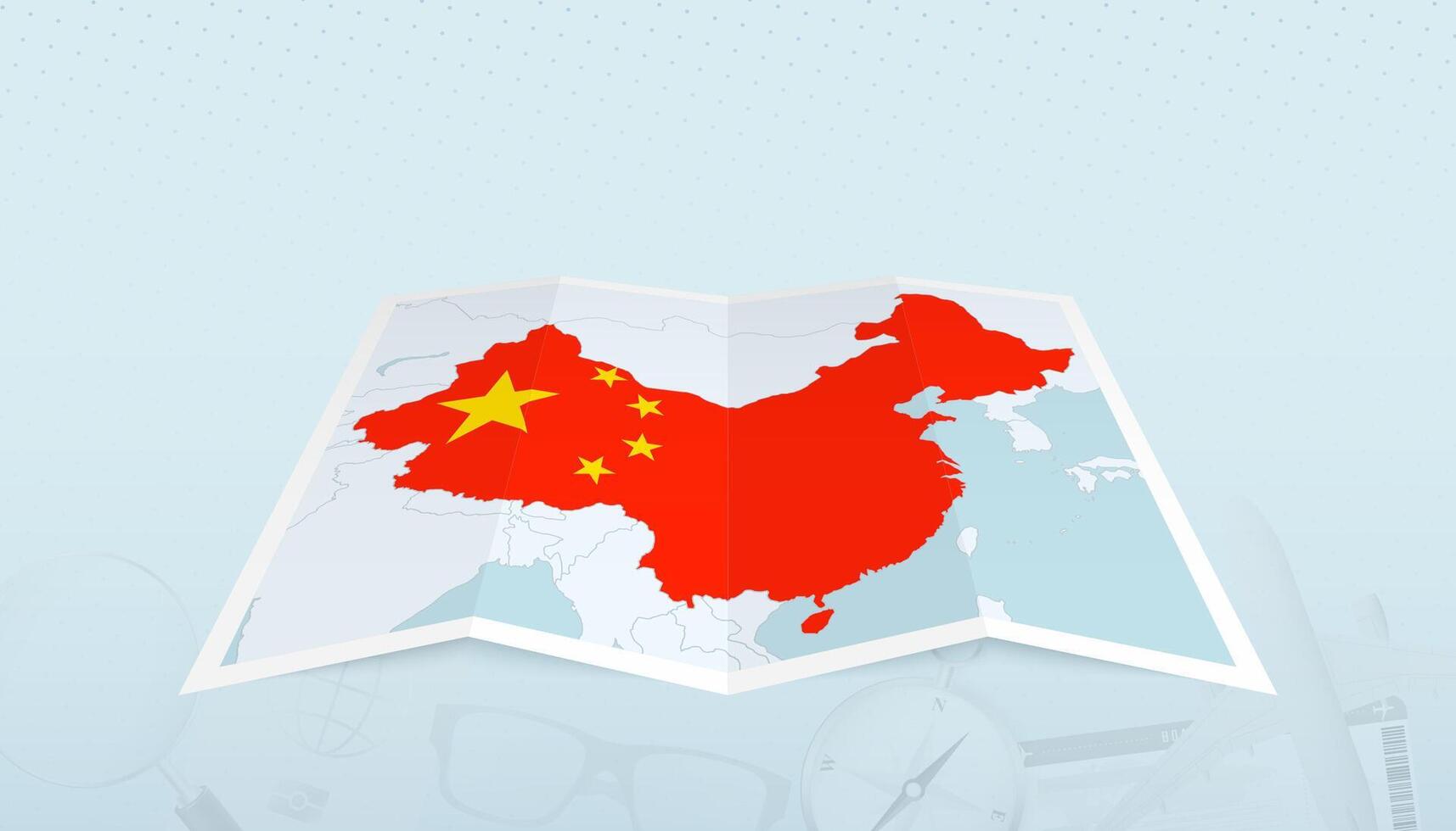 Map of China with the flag of China in the contour of the map on a trip abstract backdrop. vector