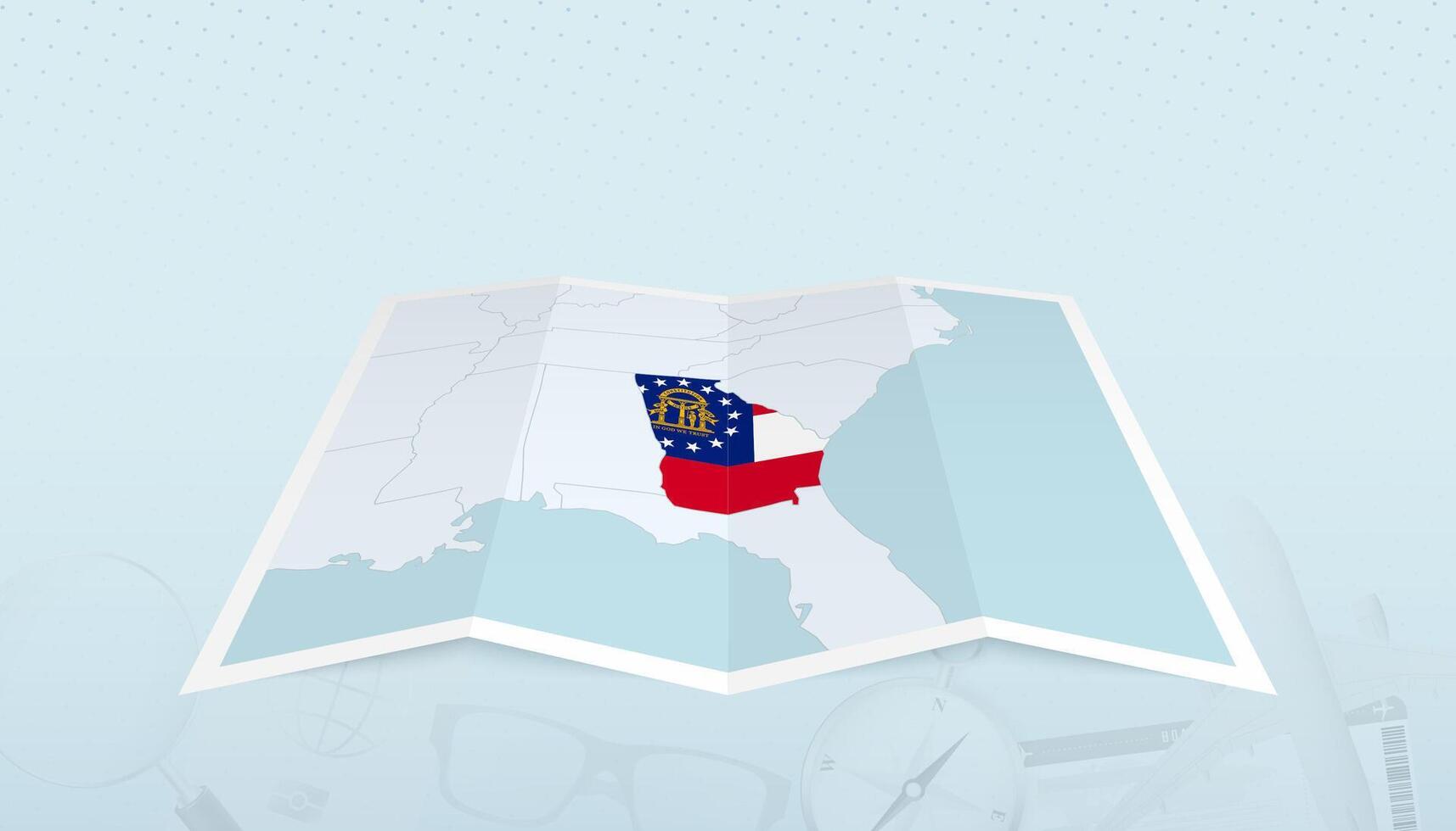 Map of US state Georgia with the flag of Georgia in the contour of the map on a trip abstract backdrop. vector
