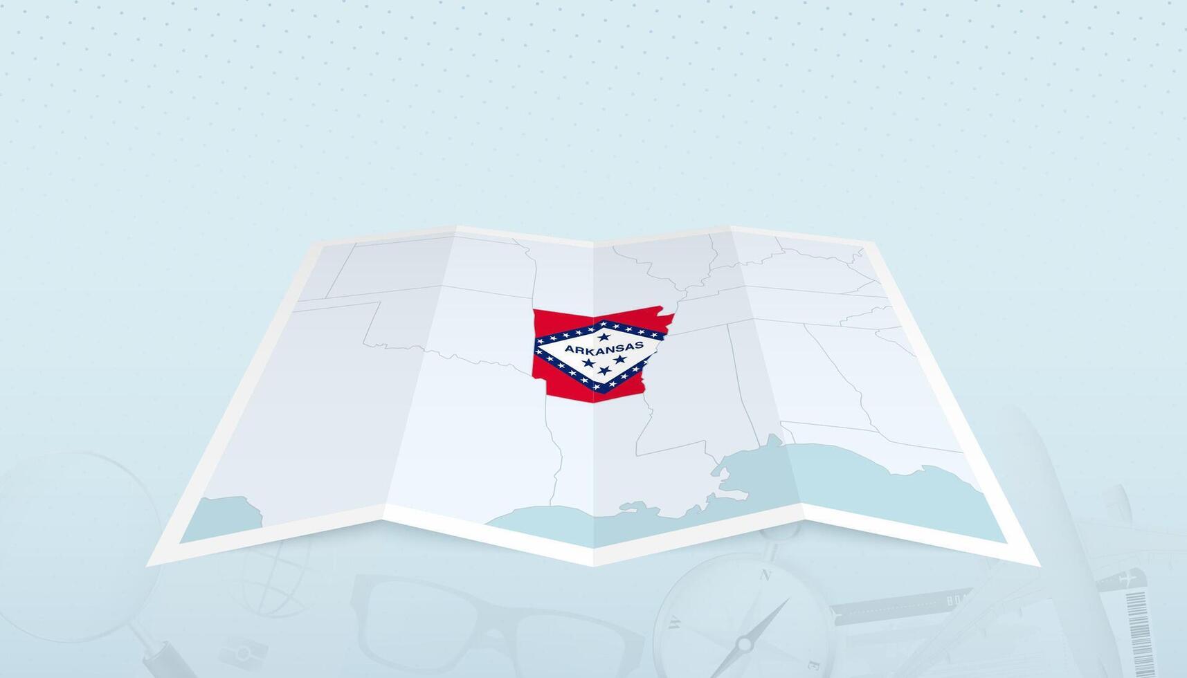 Map of Arkansas with the flag of Arkansas in the contour of the map on a trip abstract backdrop. vector