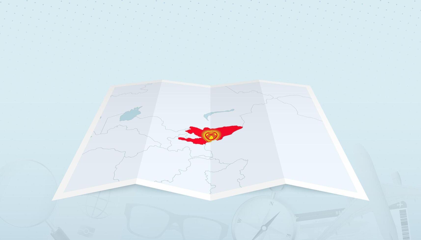 Map of Kyrgyzstan with the flag of Kyrgyzstan in the contour of the map on a trip abstract backdrop. vector