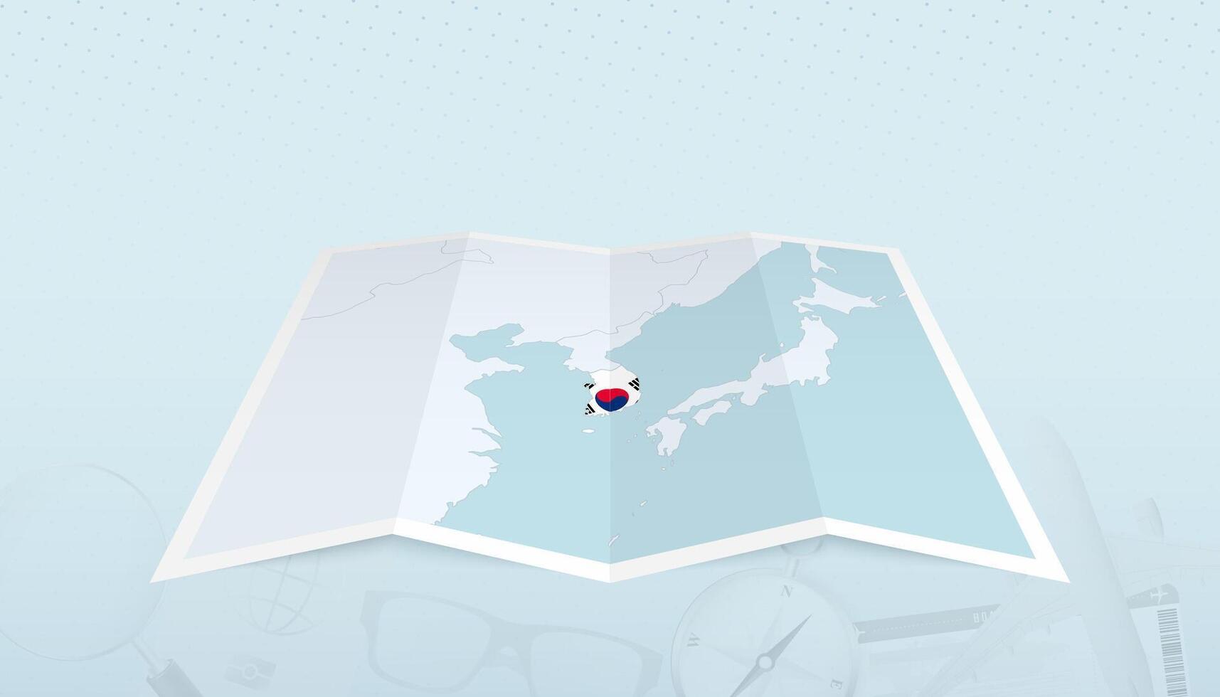 Map of South Korea with the flag of South Korea in the contour of the map on a trip abstract backdrop. vector