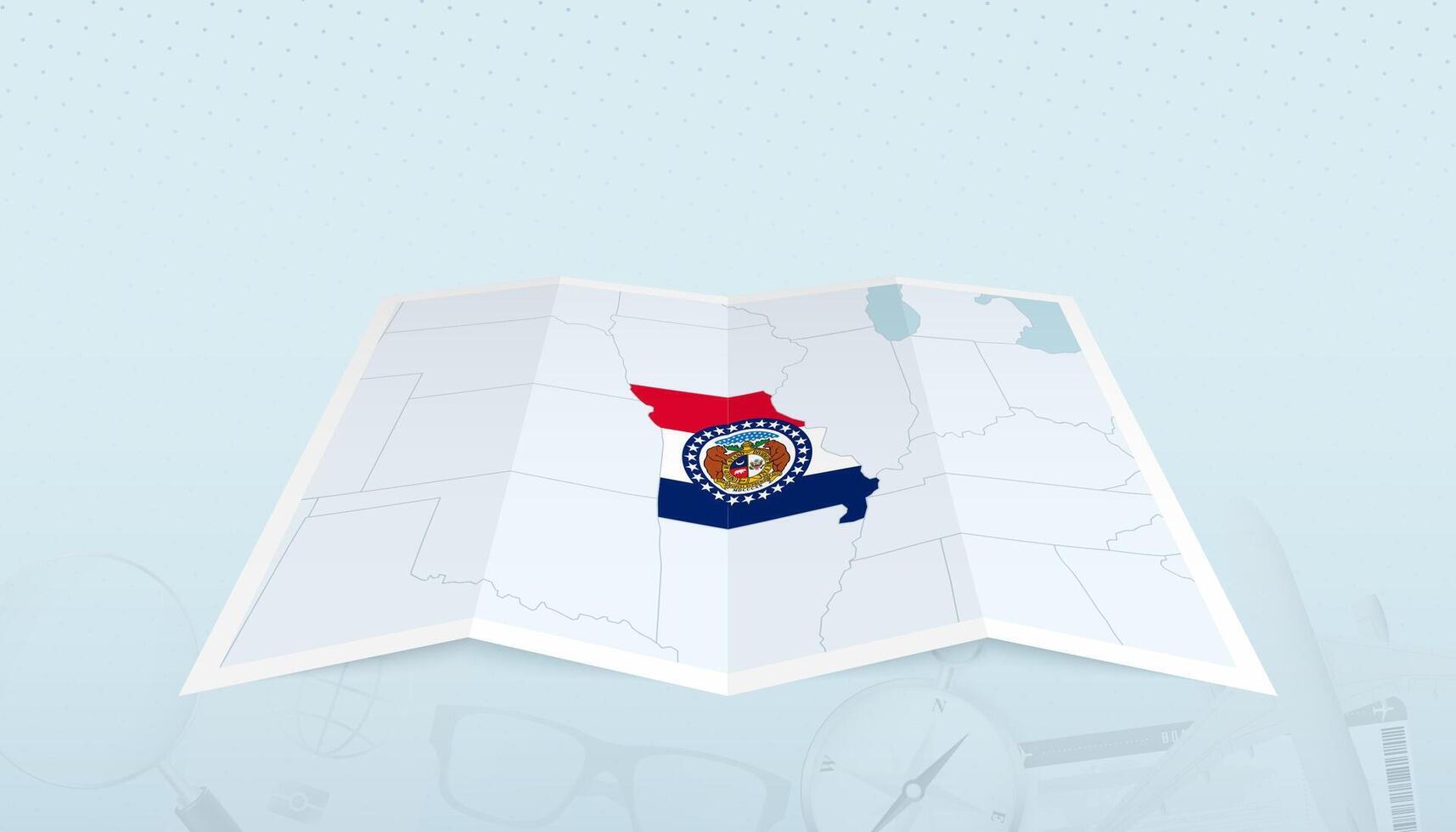 Map of Missouri with the flag of Missouri in the contour of the map on a trip abstract backdrop. vector