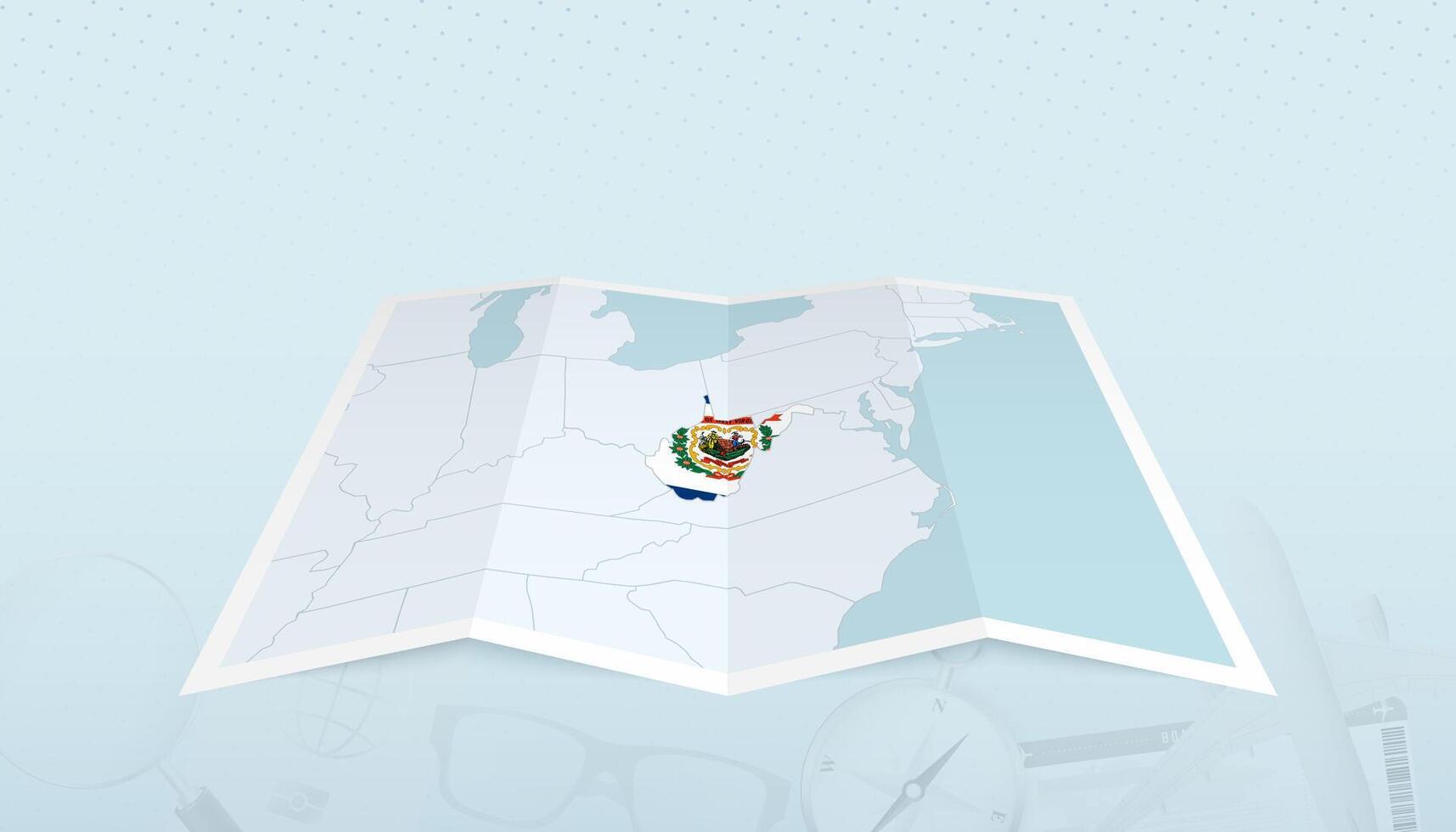Map of West Virginia with the flag of West Virginia in the contour of the map on a trip abstract backdrop. vector