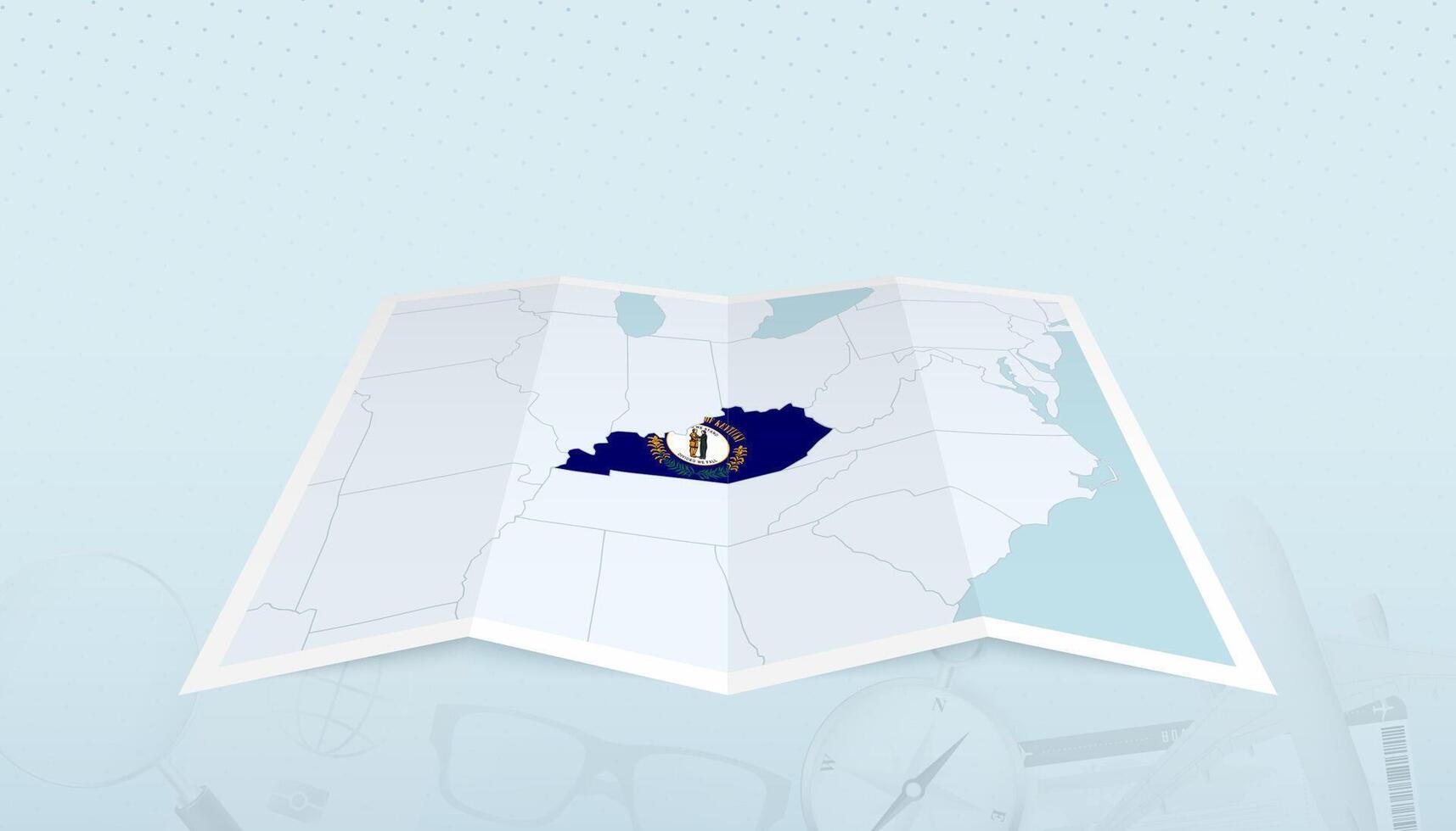 Map of Kentucky with the flag of Kentucky in the contour of the map on a trip abstract backdrop. vector
