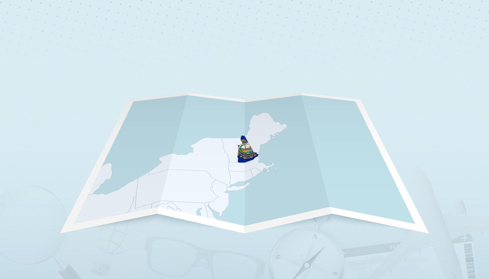 Map of New Hampshire with the flag of New Hampshire in the contour of the map on a trip abstract backdrop. vector