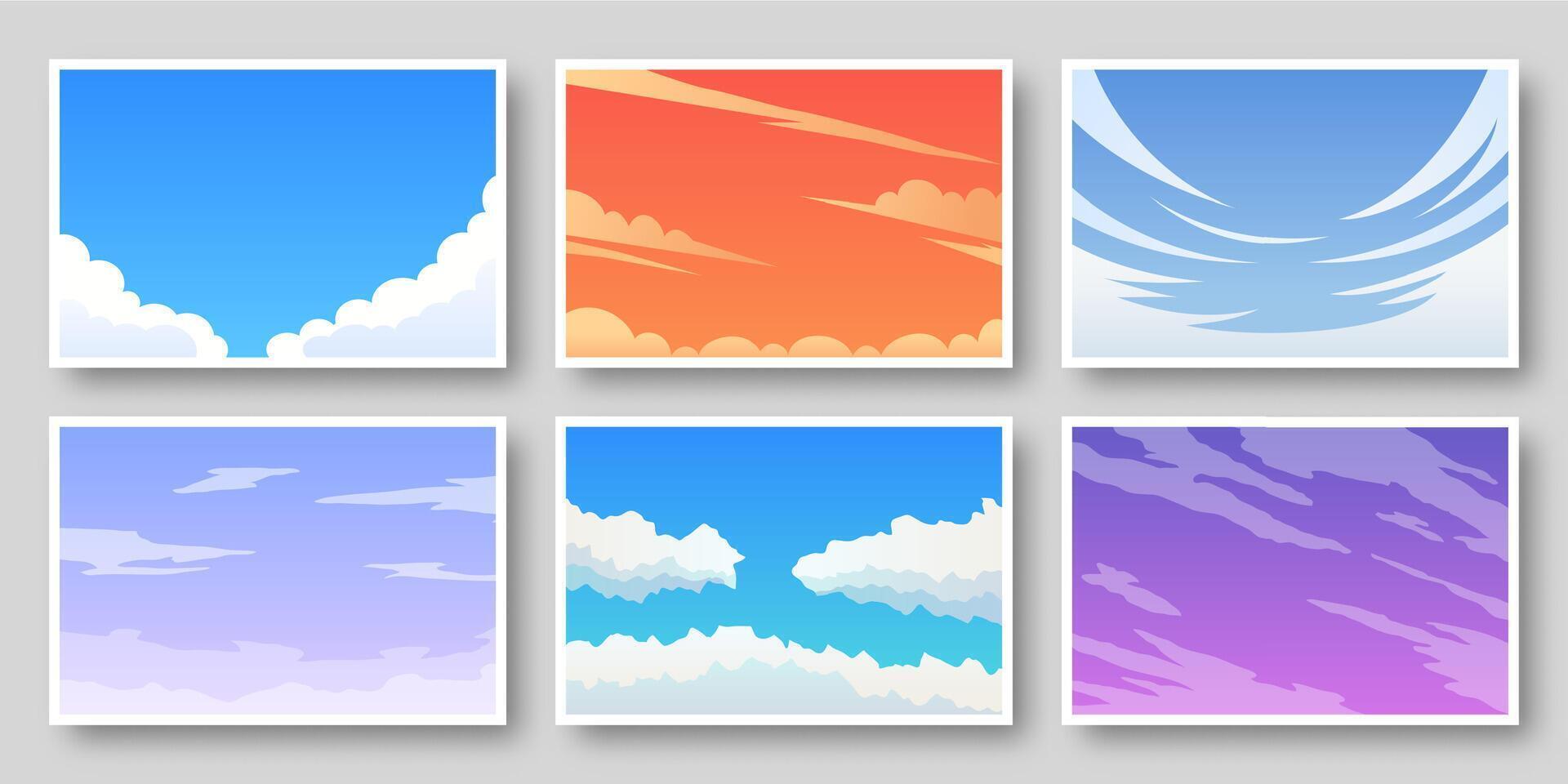 Set of stylized sky backgrounds with clouds and gradient colors vector