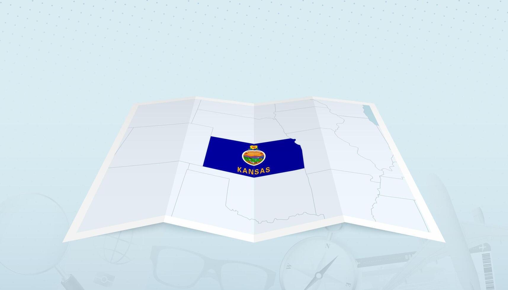 Map of Kansas with the flag of Kansas in the contour of the map on a trip abstract backdrop. vector