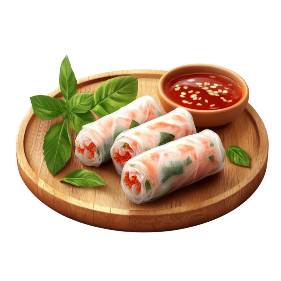 Spring Rolls with Dipping Sauce and Fresh Basil png
