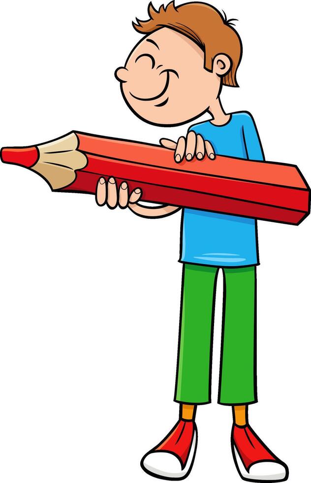 cartoon elementary or teen age boy character with big pencil vector