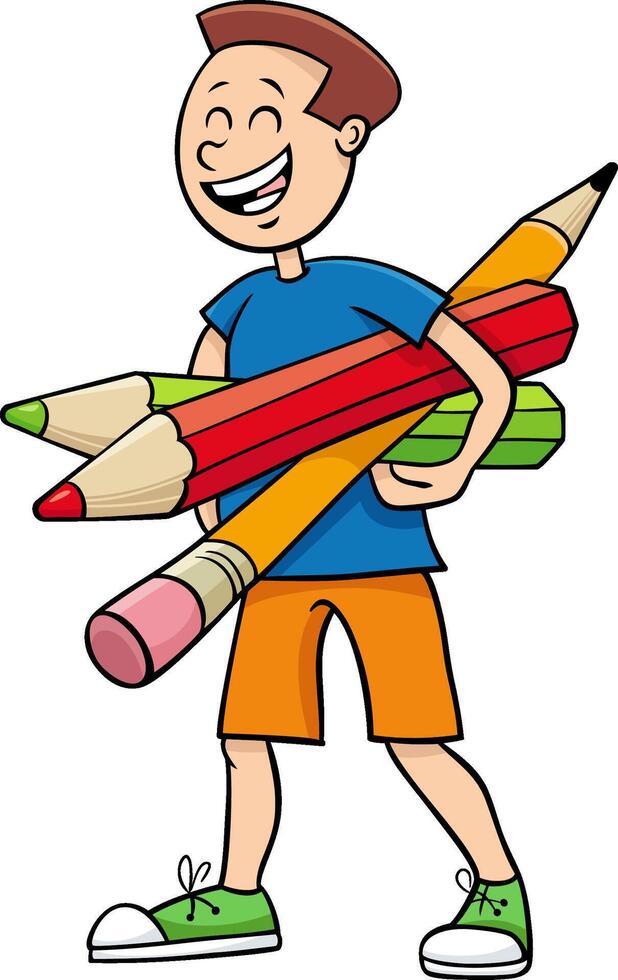 cartoon elementary or teen age boy with big pencils and crayons vector