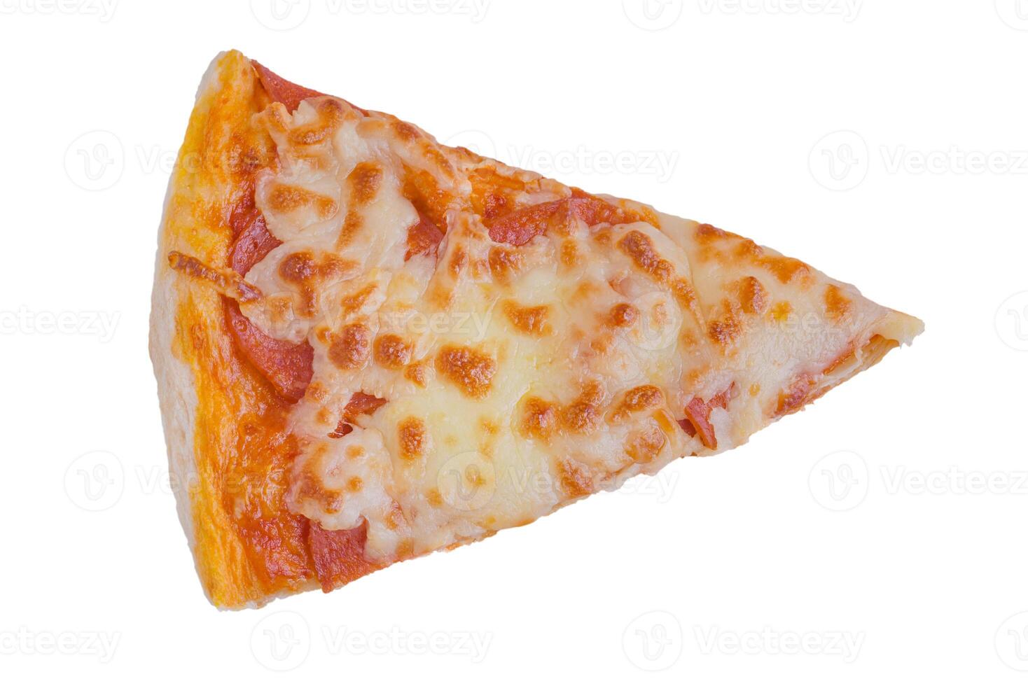 One piece of pizza with cheese and sausage isolated on white. photo