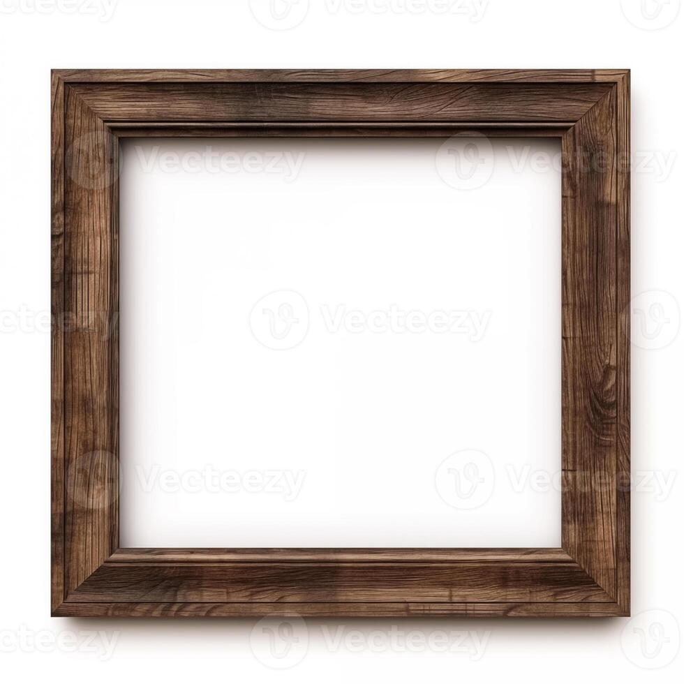 close up front view brown wooden square frame on white. mockup frame square with white sheet in the center photo