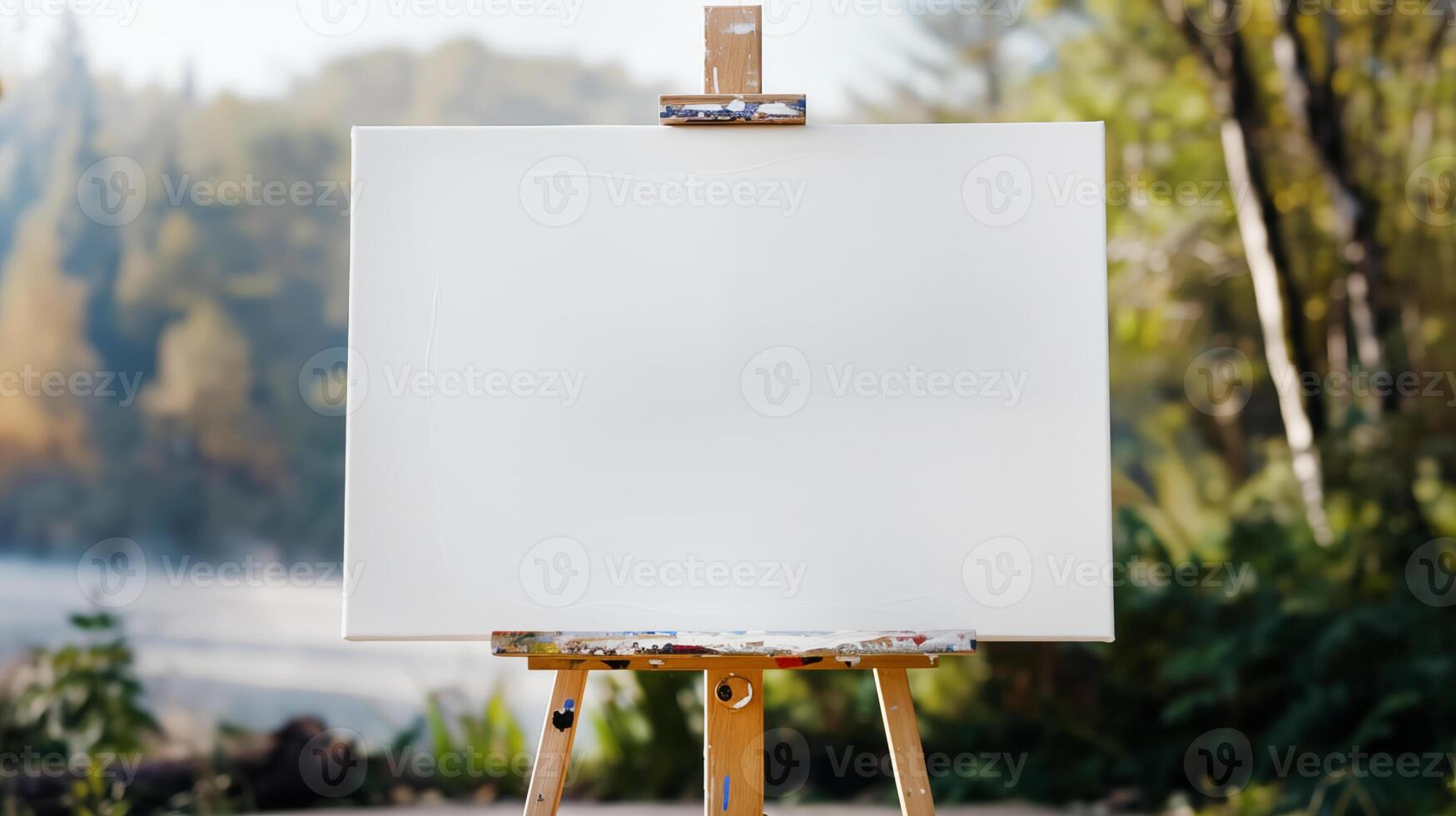 close up mockup white horizontal primed blank canvas stands on wooden tripod against lake or river background sunny day photo
