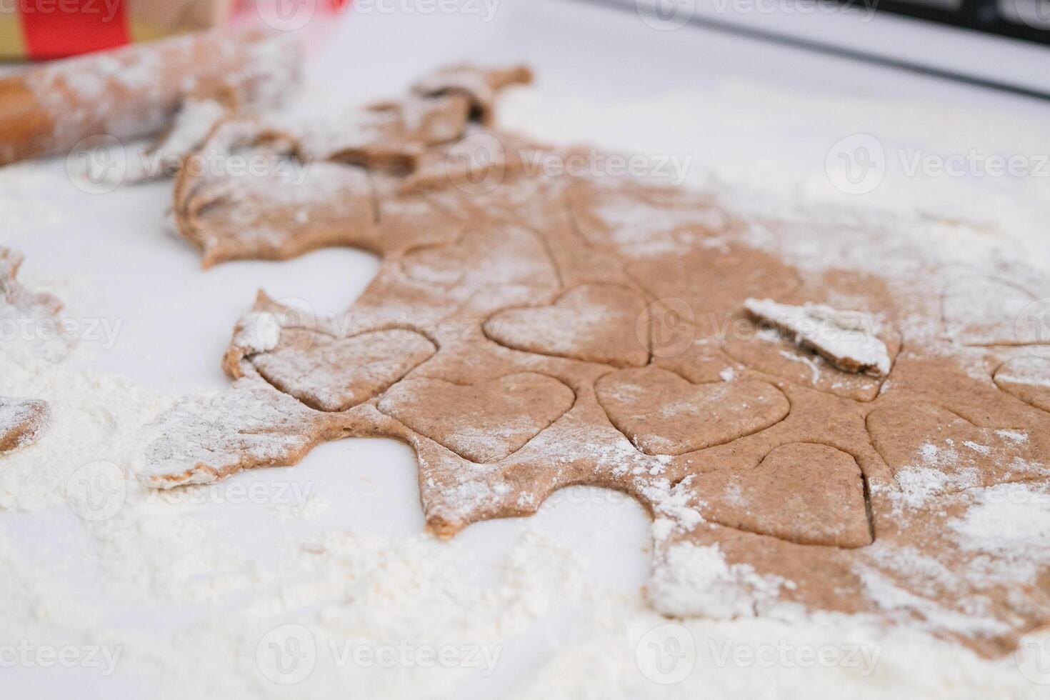 closeup of heart shaped cookies in the kitchen counter photo