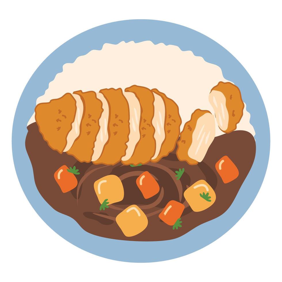 Chicken Katsu with Japanese Curry, Serve with Rice on Brow vector