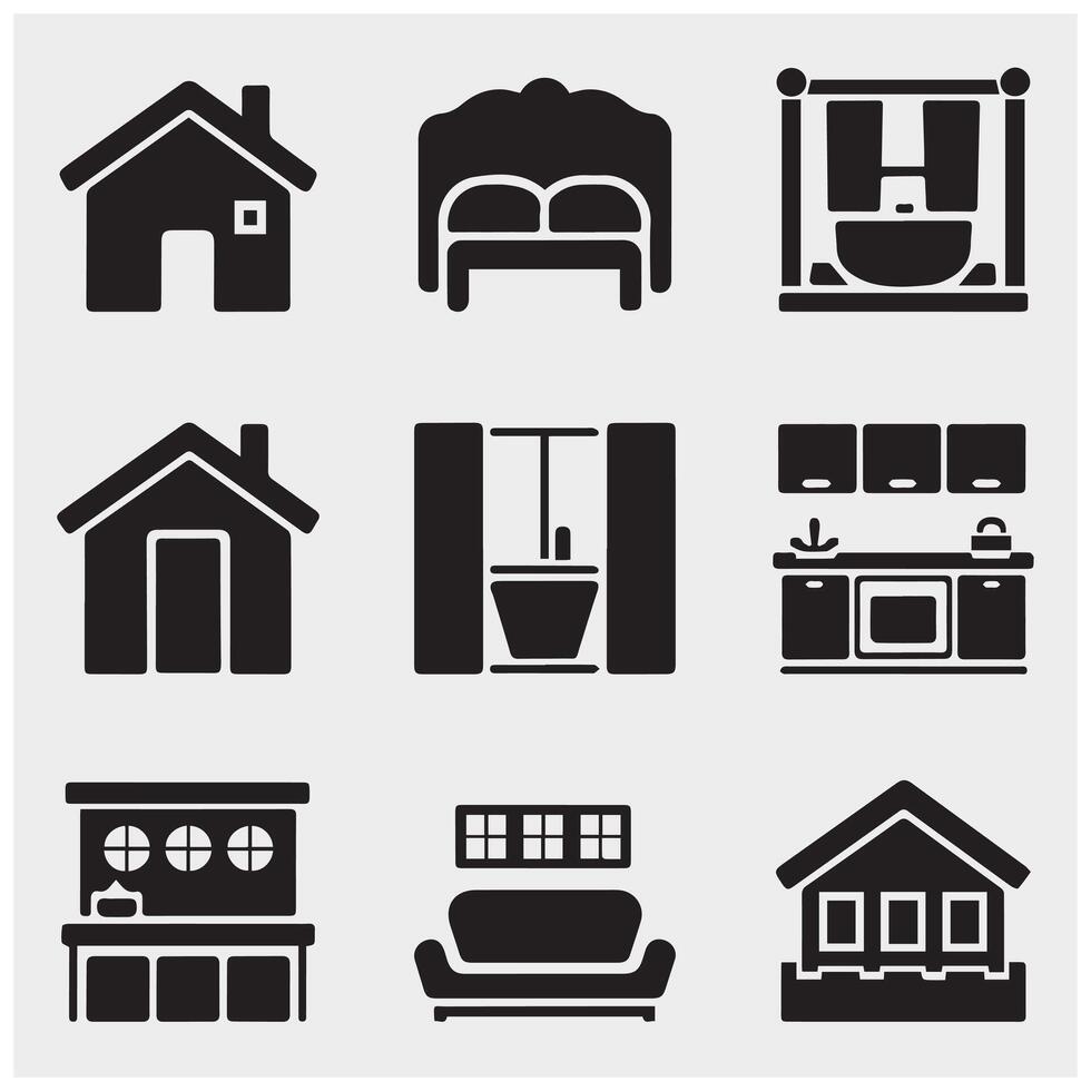 Home Indoor Icon Set Black Silhouette Minimalist Household Symbols Collection Digital Graphic for UI UX Web Design Smart Home and Decoration vector