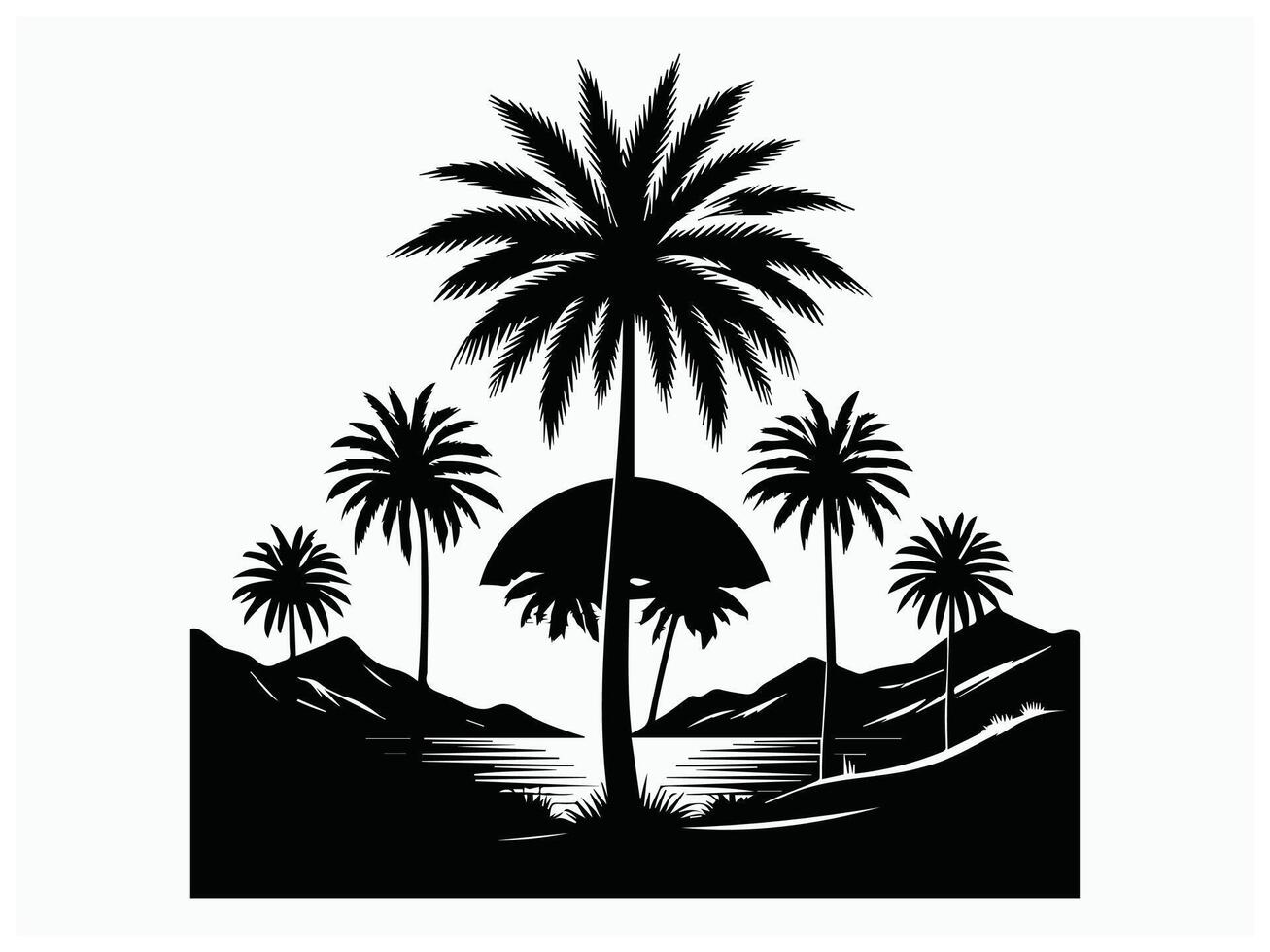 Palm Tree at Sunset, bird natural scenery black silhouette. vector