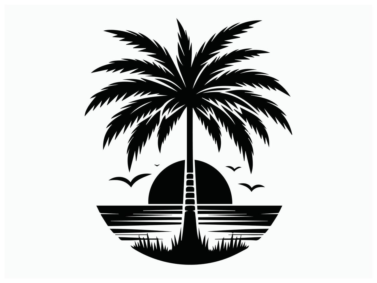 Serene Palm Tree and Bird Silhouette at Golden Sunset View vector
