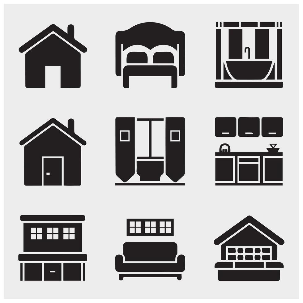 Home Icon Set Black Silhouette Minimalist House Symbols Collection Digital Graphic for UI UX Web Design App Real Estate and Construction vector