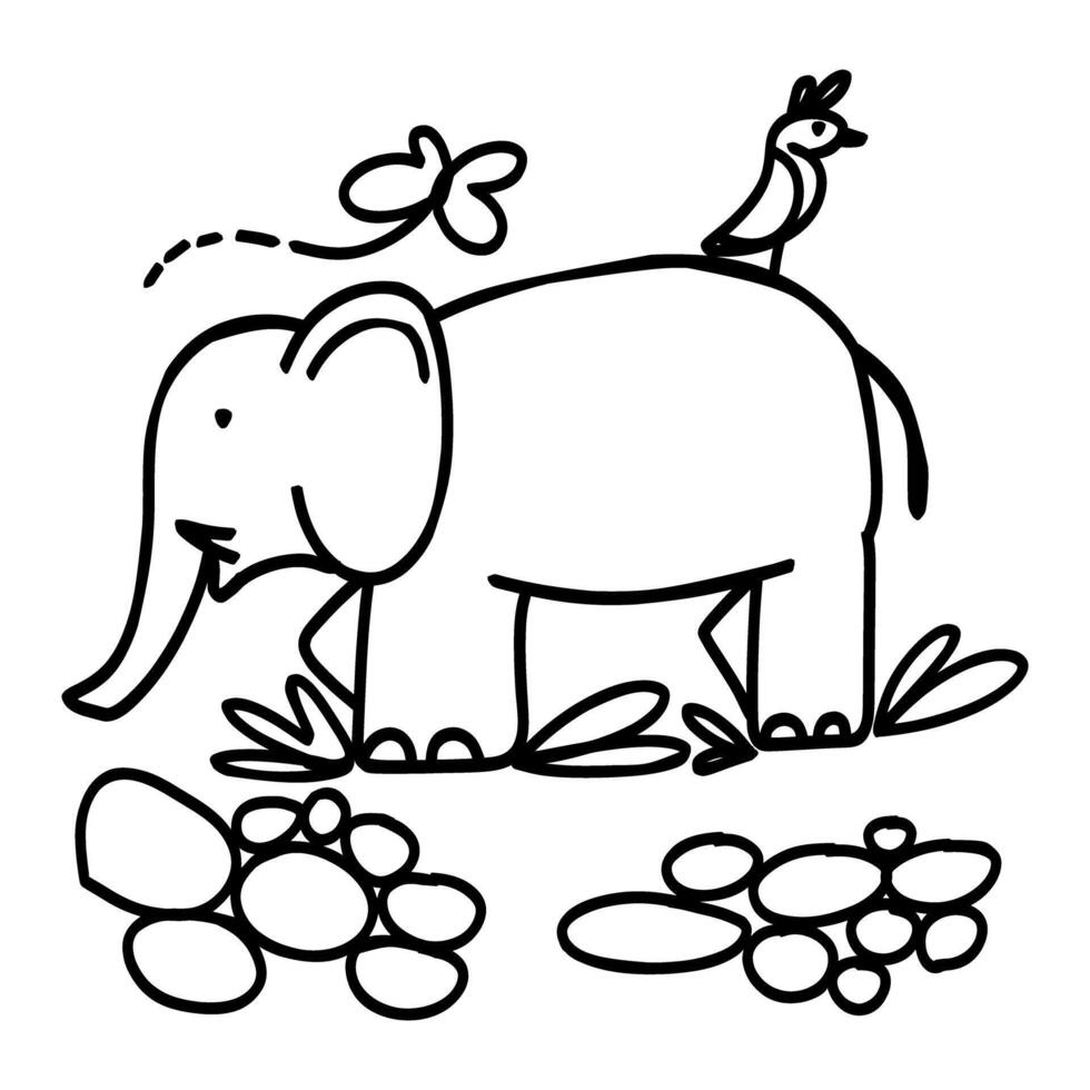 Cute elephant with a bird on its back walking through a field with flowers. Perfect for children's books, animal lovers, and nature themes vector