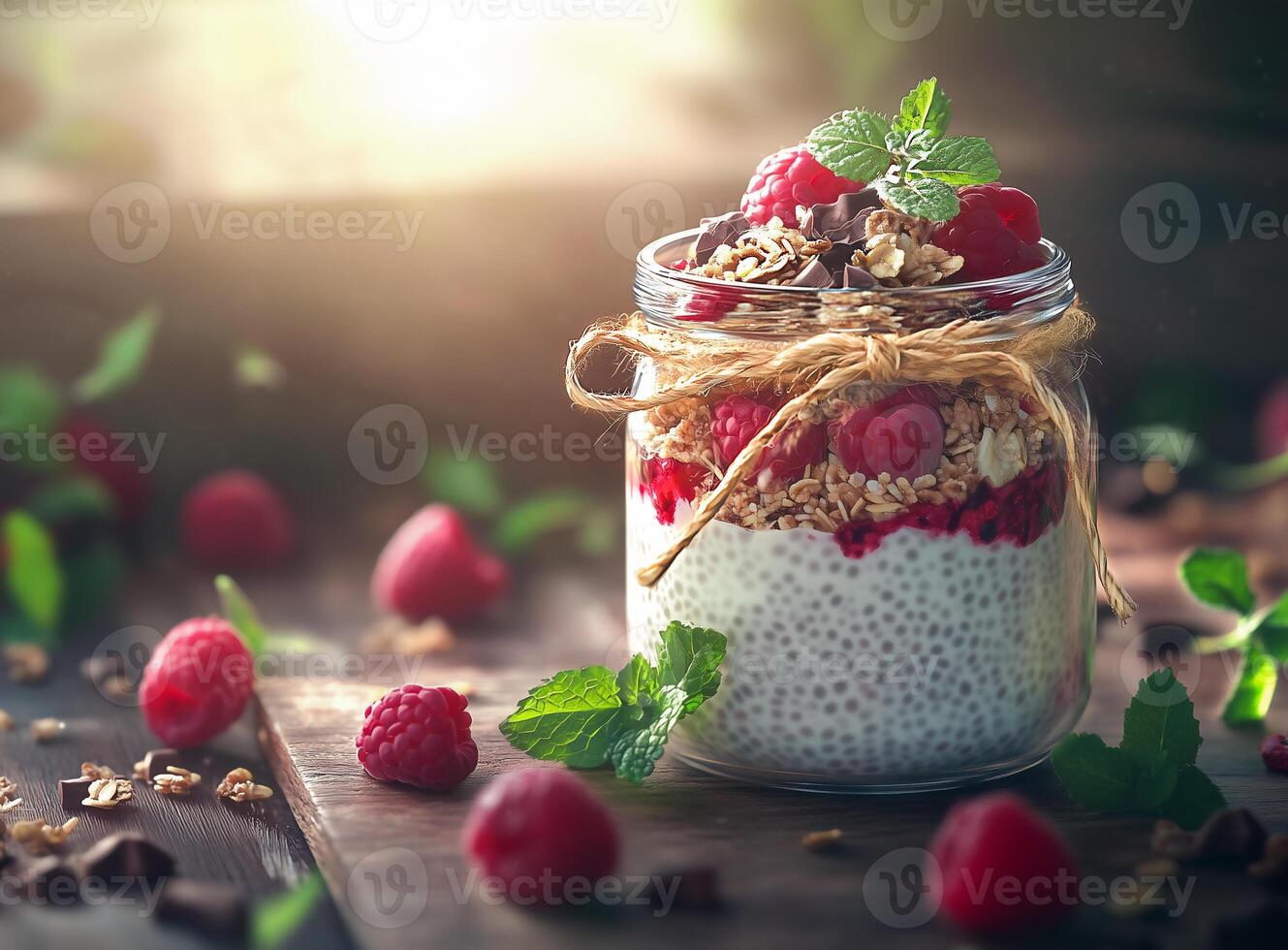Chia Pudding with Raspberries and Mint in a Rustic Style Jar photo