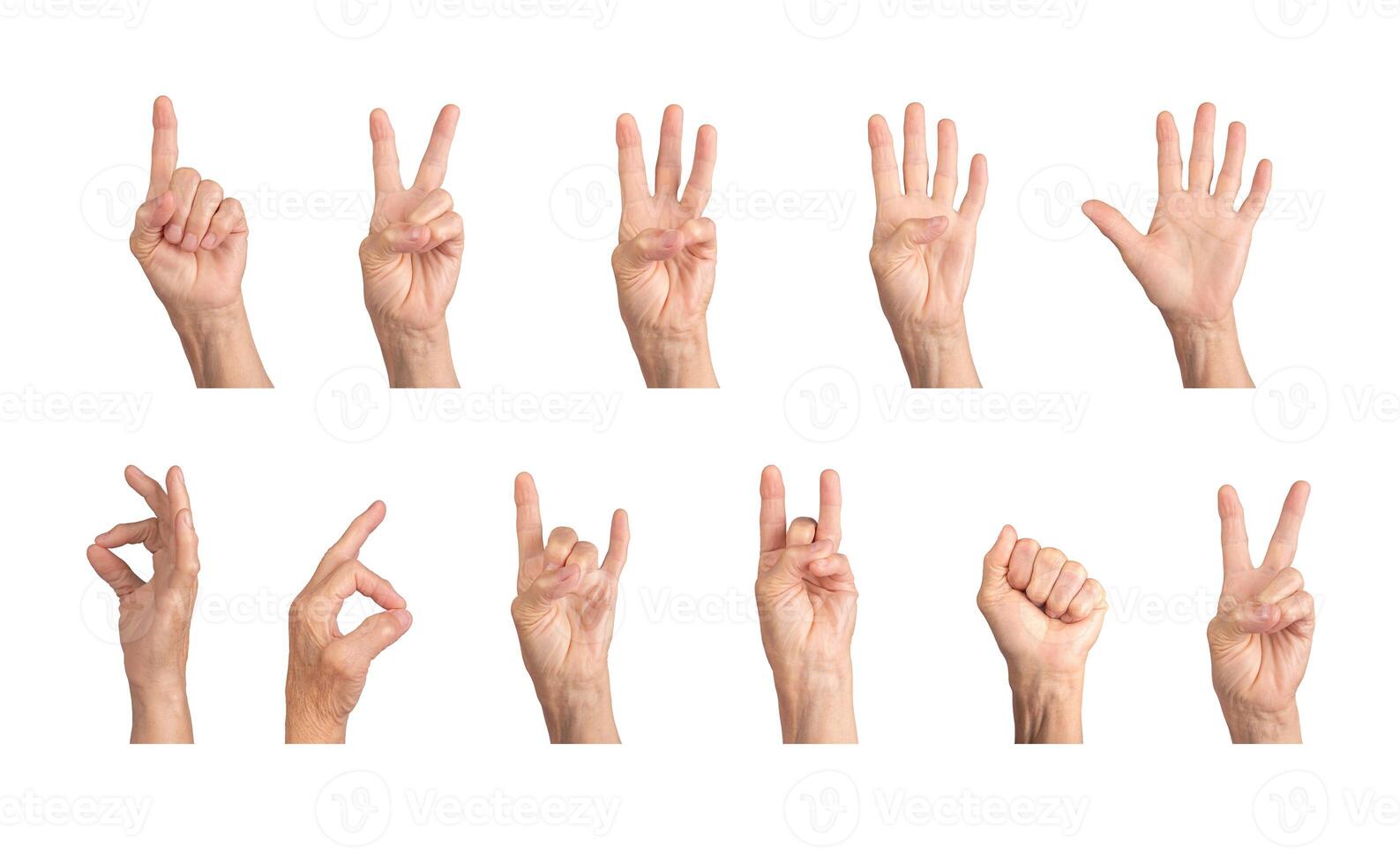Caucasian elderly hand showing gestures like peace, rock horn, clenched fist, and counting numbers 1 photo