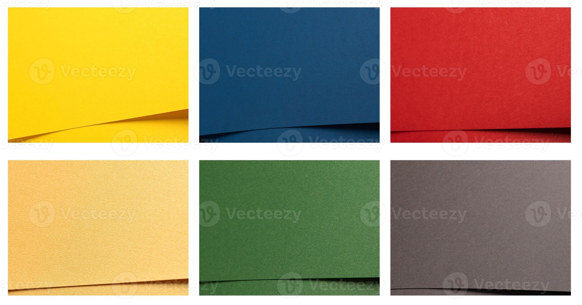 Colorful paper background set, overlapping layers in yellow, blue, red, peach, green, and gray. photo