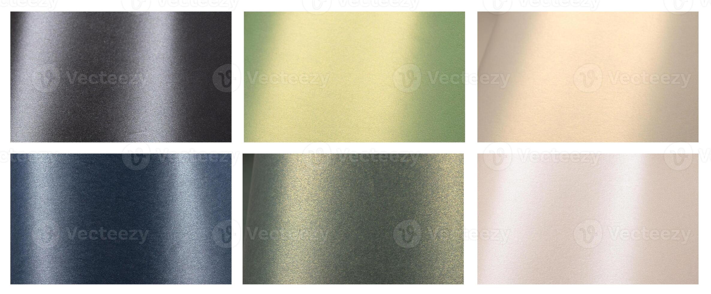 Pearlescent paper background set with metallic gradients in black, green, beige, golden, blue, and photo