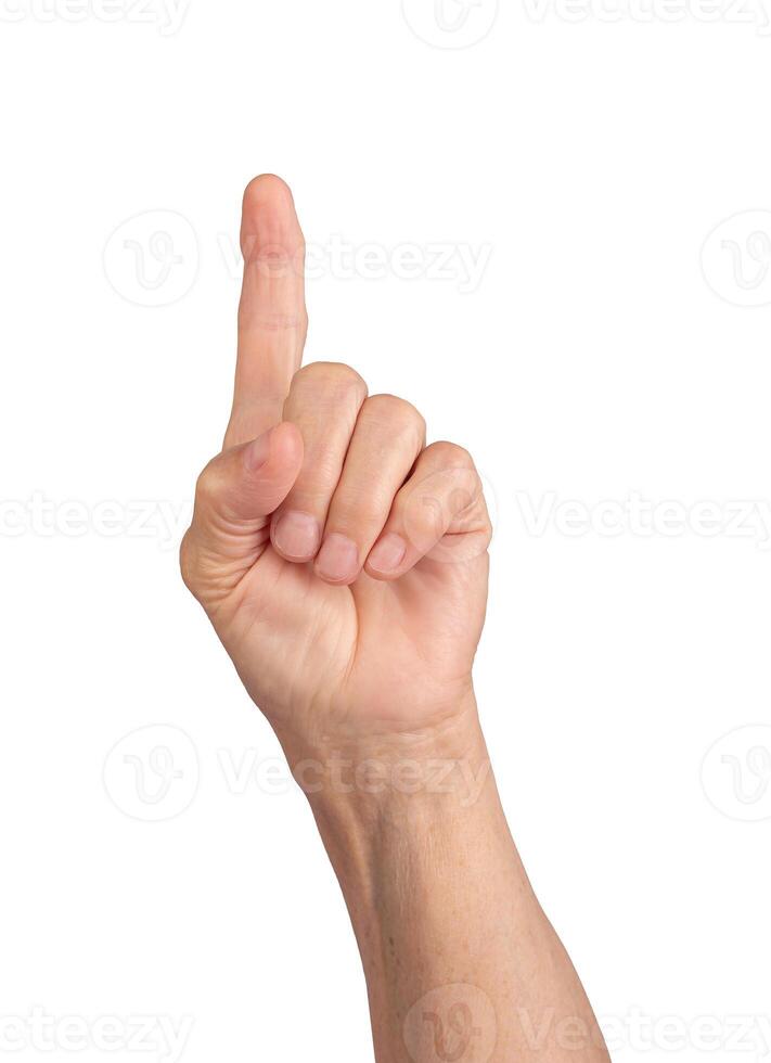 wrinkled hand pointing upward, index finger raised, gesture indicating direction, attention, or photo