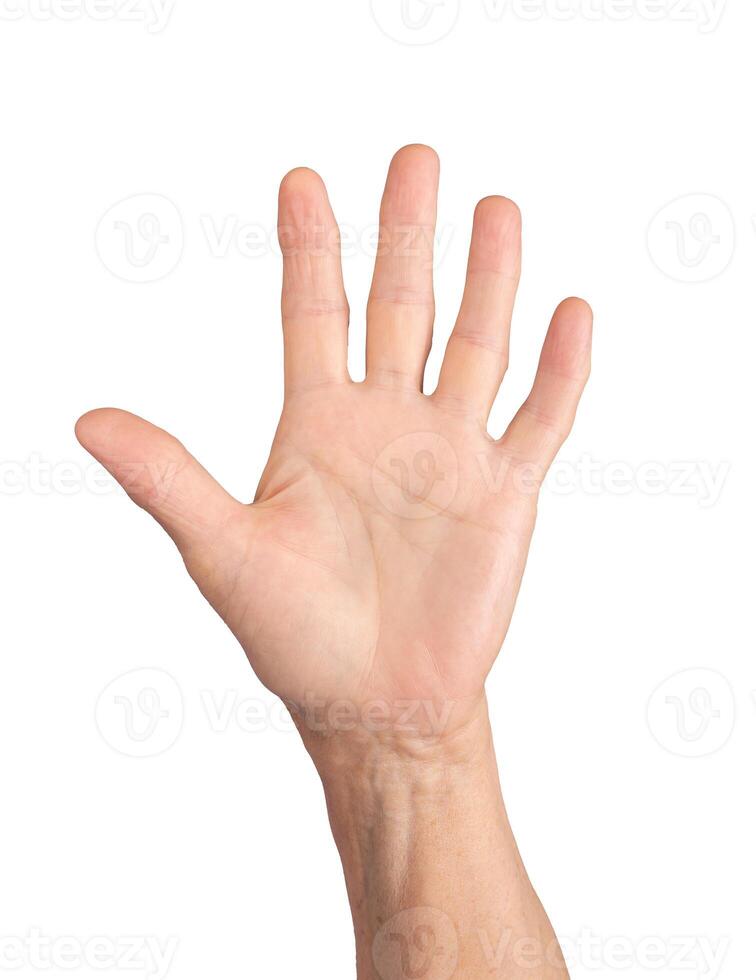 wrinkled hand raised in an open palm gesture, symbol of greeting, stop, or waving, communication photo