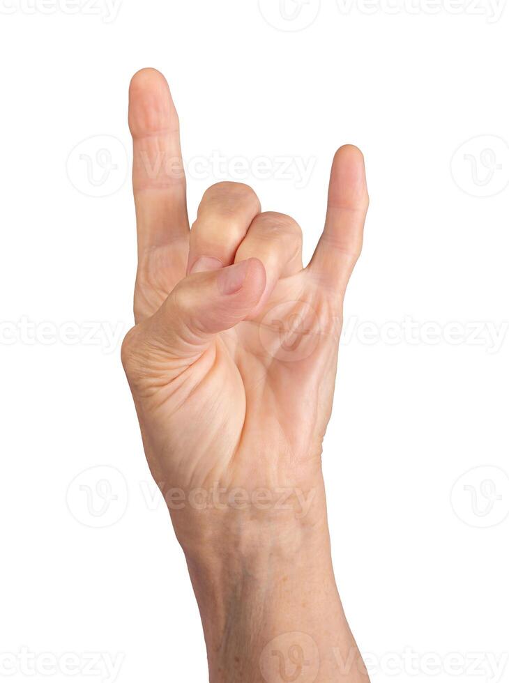 wrinkled hand showing rock music horn gesture, symbol of energy and expression, cultural sign of photo