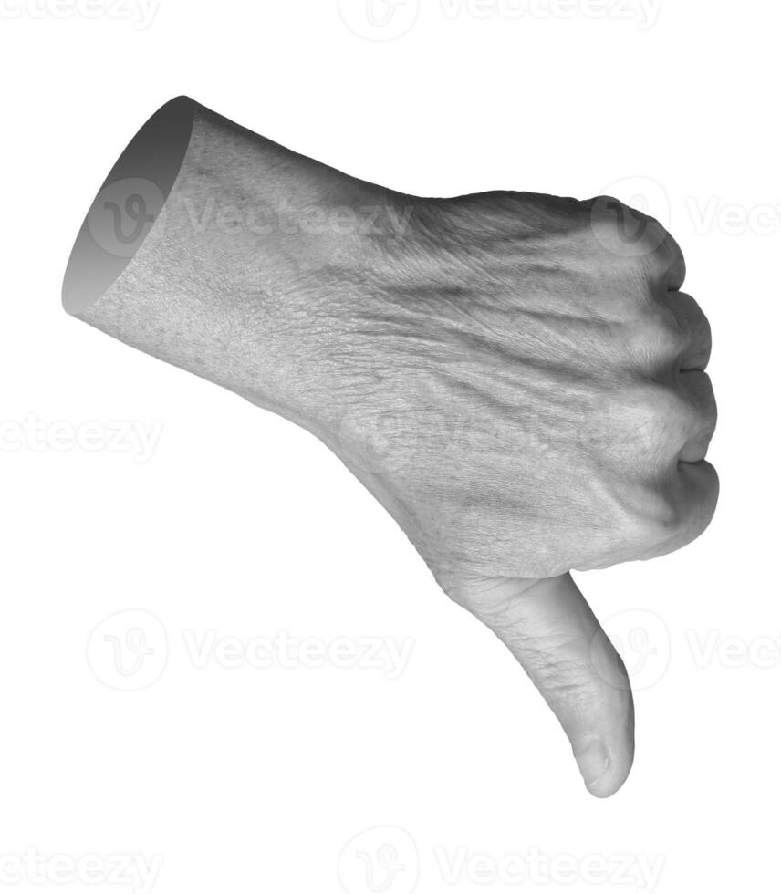 Elderly hand showing a thumbs-down gesture, symbolizing disapproval, rejection, and disagreement. photo