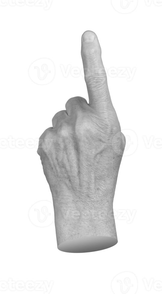 Elderly female hand with wrinkled skin pointing upward, index finger extended in a gesture of photo