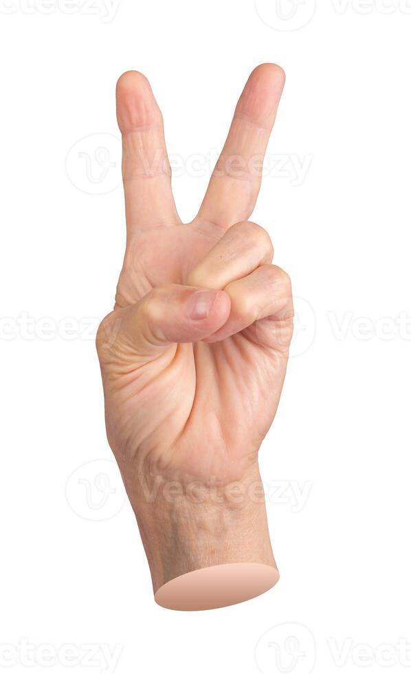 Elderly female hand showing a peace sign gesture with wrinkled skin and visible veins. Symbol of photo