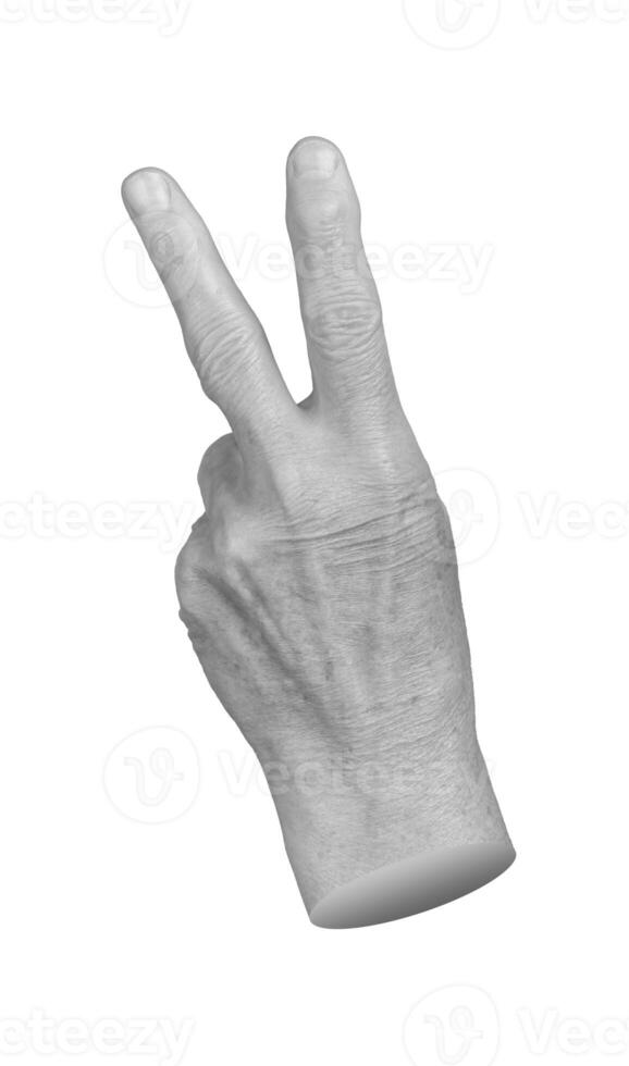 Elderly female hand showing a victory sign with wrinkled skin, symbolizing success, peace, and photo