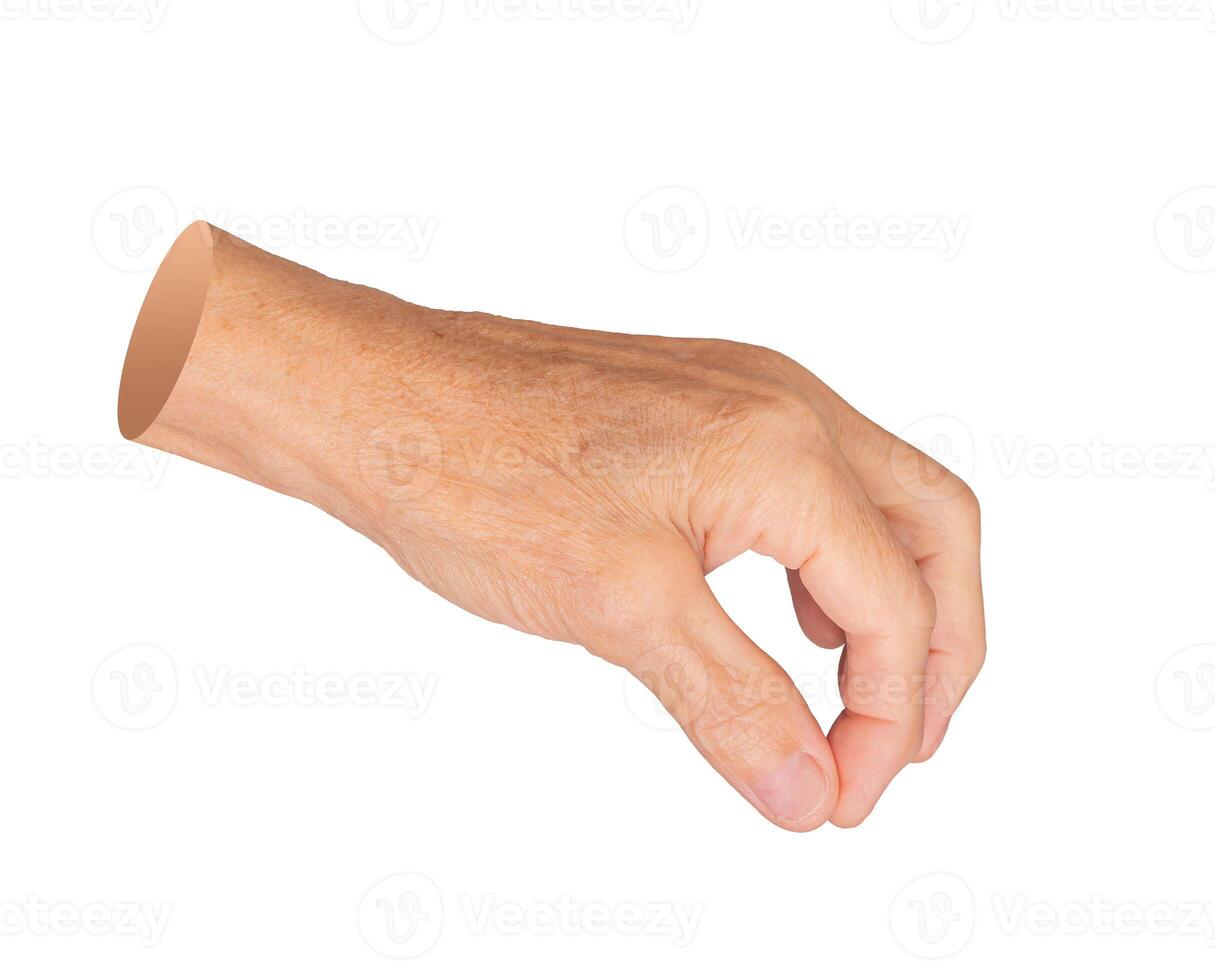 Elderly hand with wrinkled skin making a pinch gesture, thumb and finger holding something invisible photo