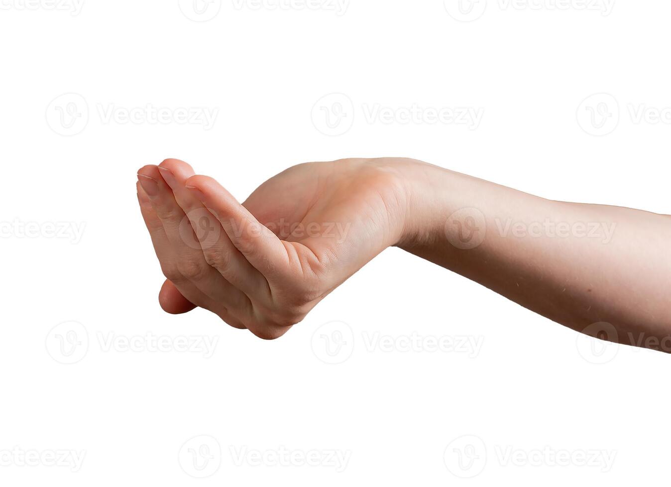 Female hand in cupped shape, fingers bent, palm open, symbolizing giving or holding something unseen photo