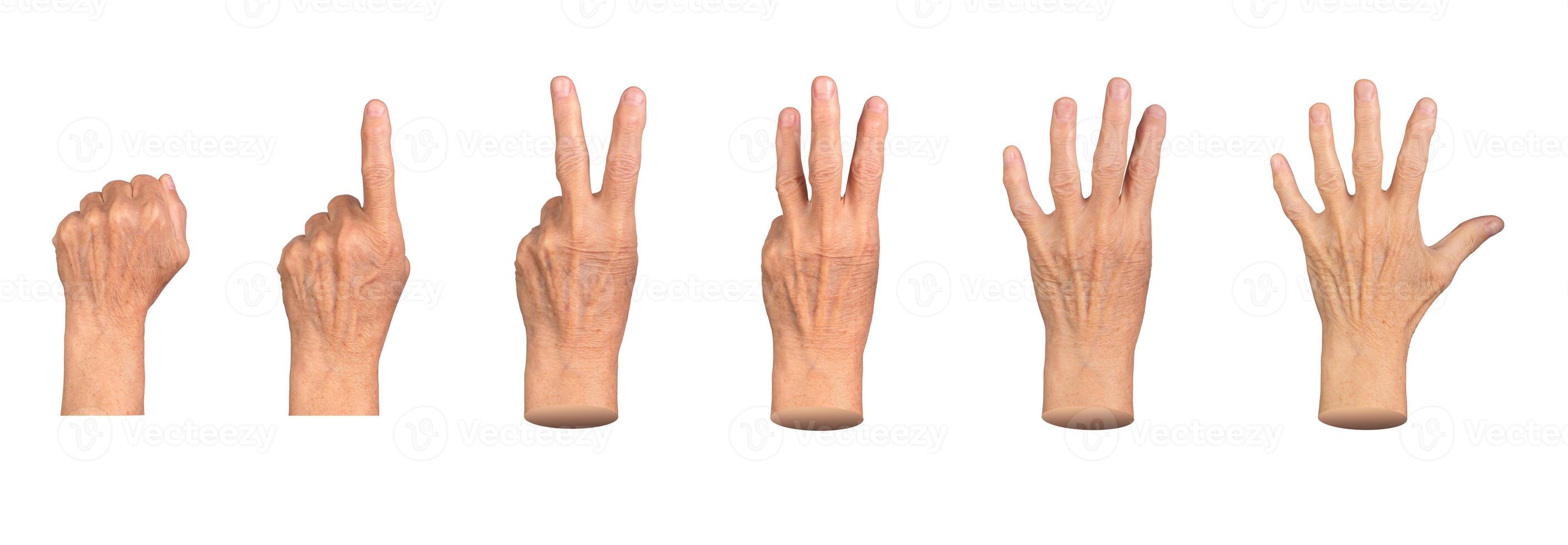 Senior female hand showing counting gestures. Wrinkled fingers displaying numbers from zero to five, photo