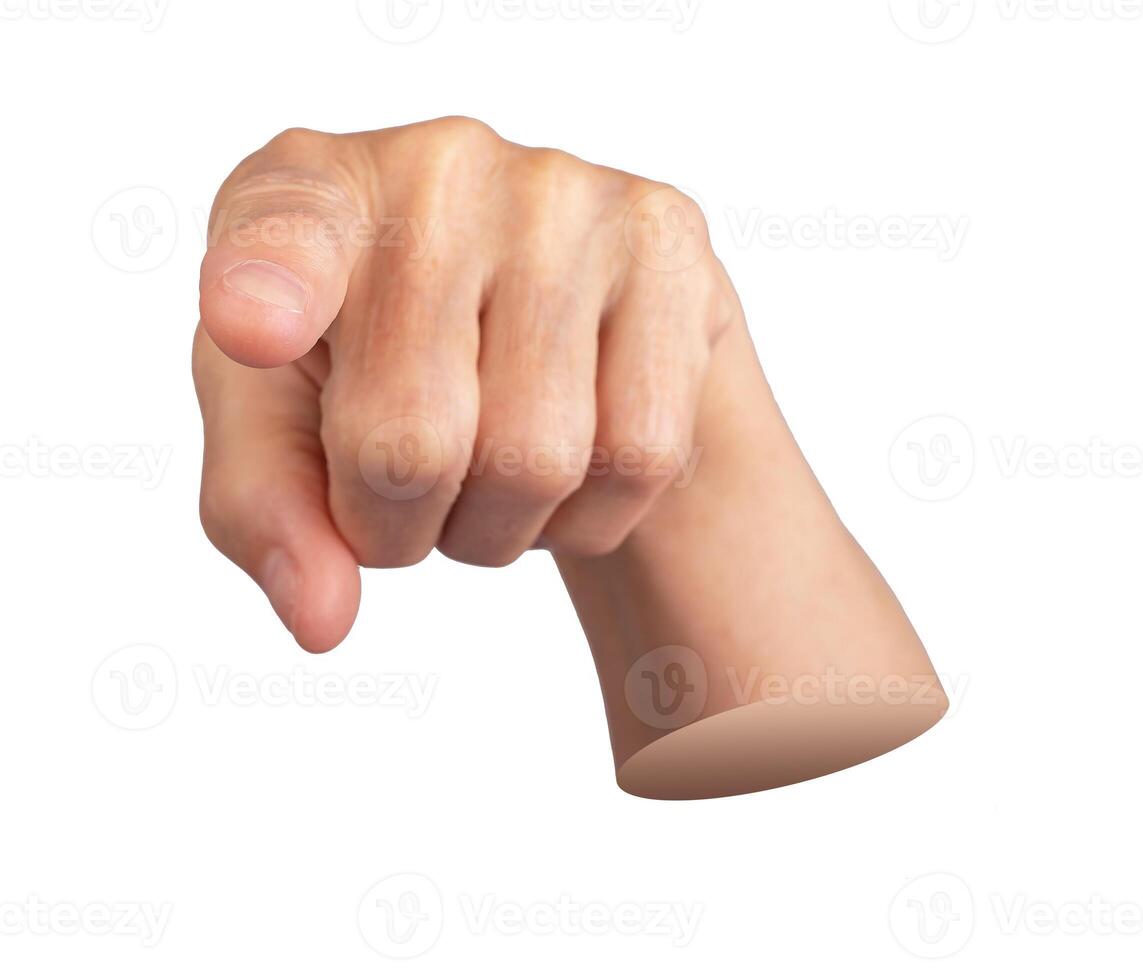 Elderly hand pointing forward, symbolizing selection, hiring, and decision-making. Concept of photo