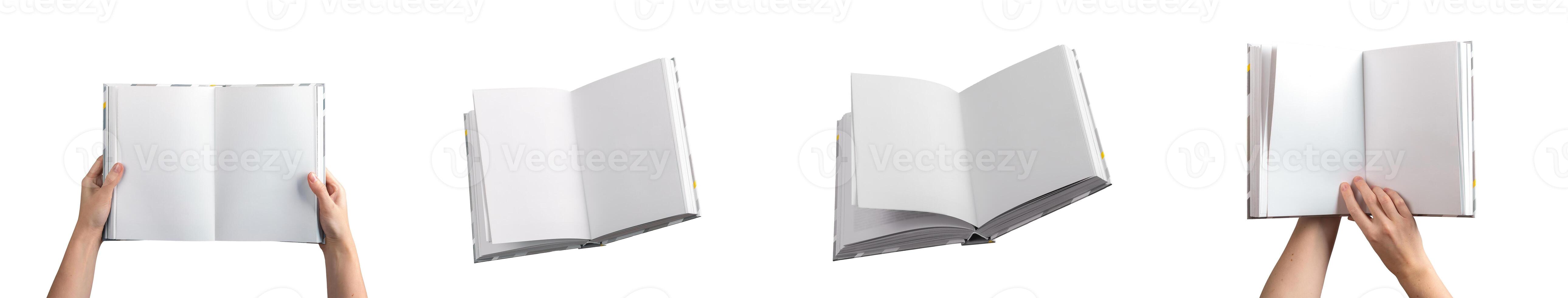 Hands holding an open blank book, clean pages ready for writing or design. Mockup for education, photo