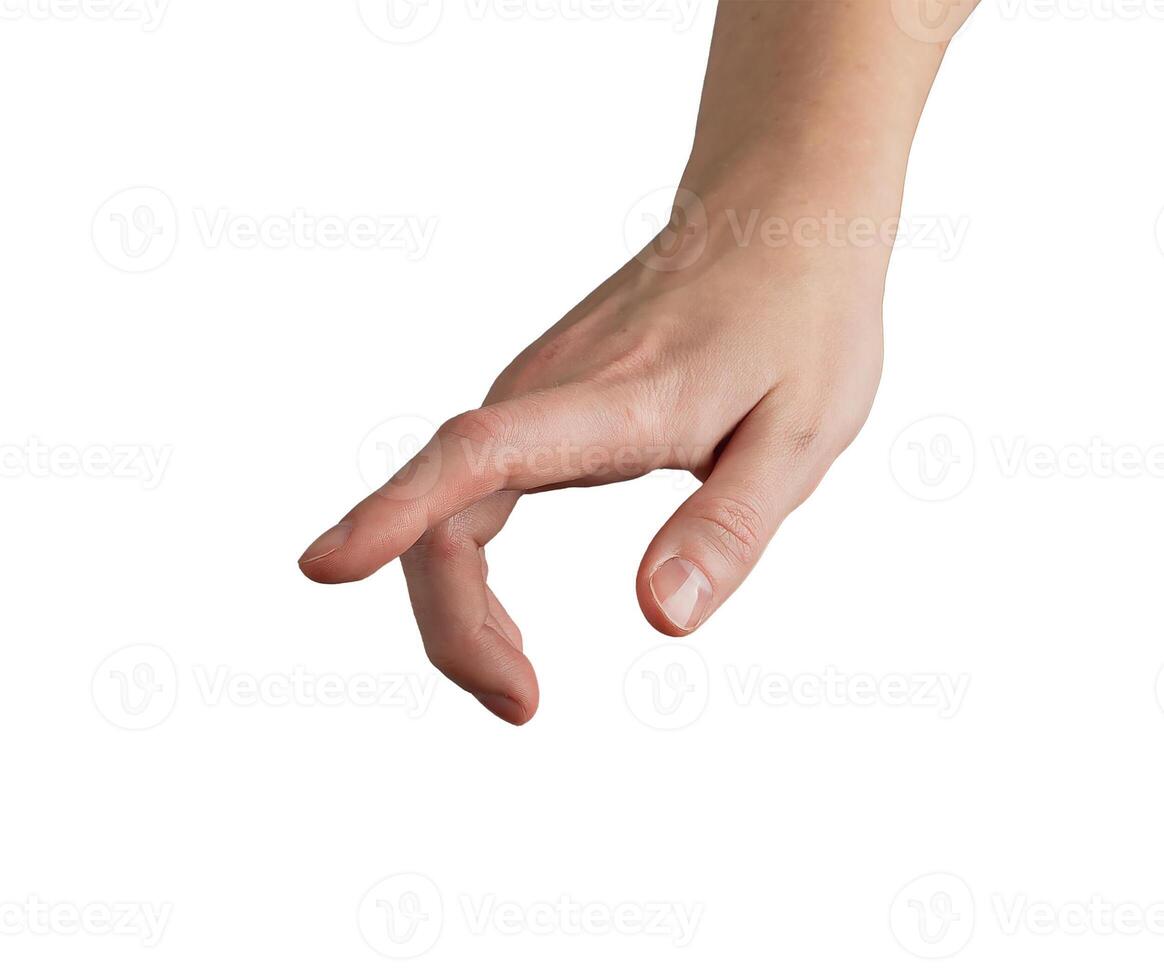 Female hand with index finger pointing, pressing, and tapping invisible screen. Gesture concept for photo
