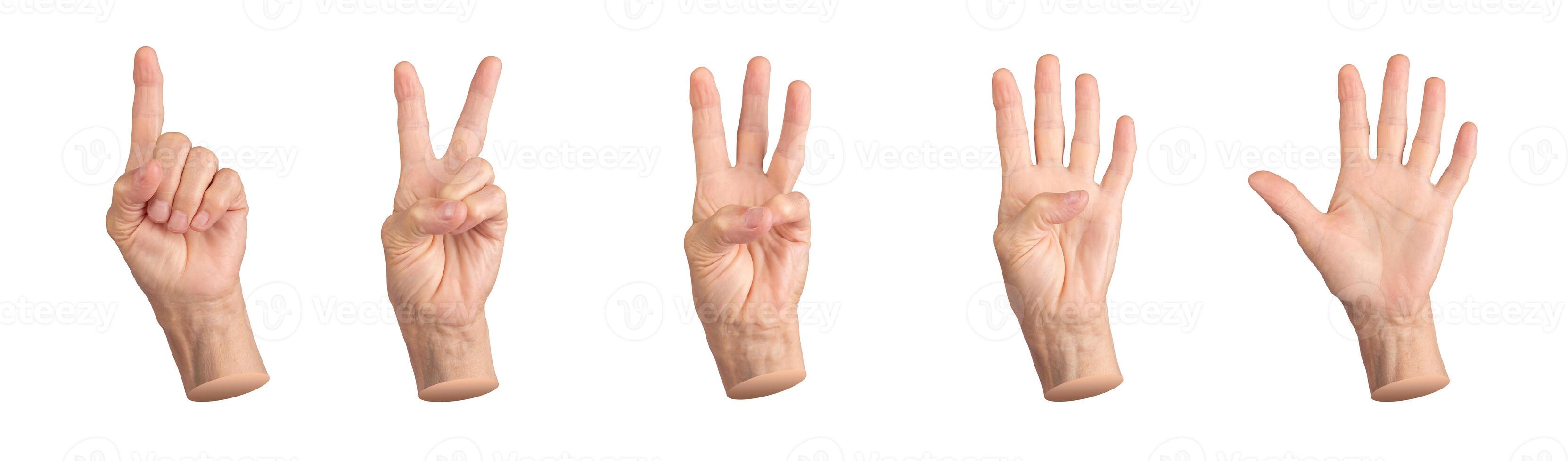 Elderly hand showing a counting gesture, fingers displaying numbers in a countdown symbolizing photo