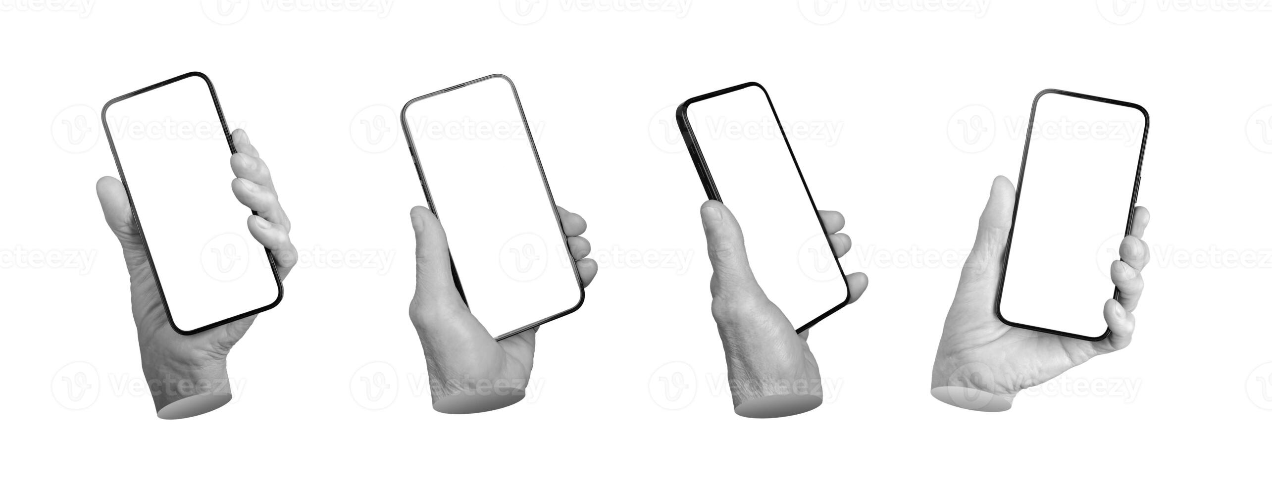 Senior hand holding smartphone with blank screen. Wrinkled fingers gripping mobile device, mockup photo