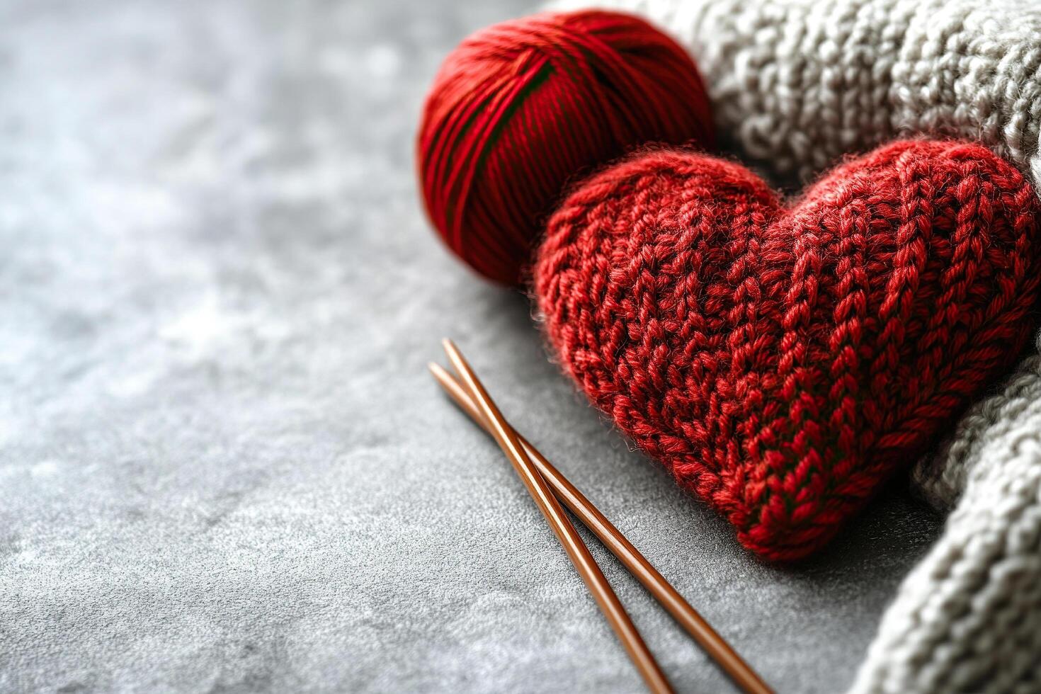 A knitted red heart with knitting needles and a ball of red thread lies on a concrete surface. Knitting. Valentine's Day. A DIY gift photo